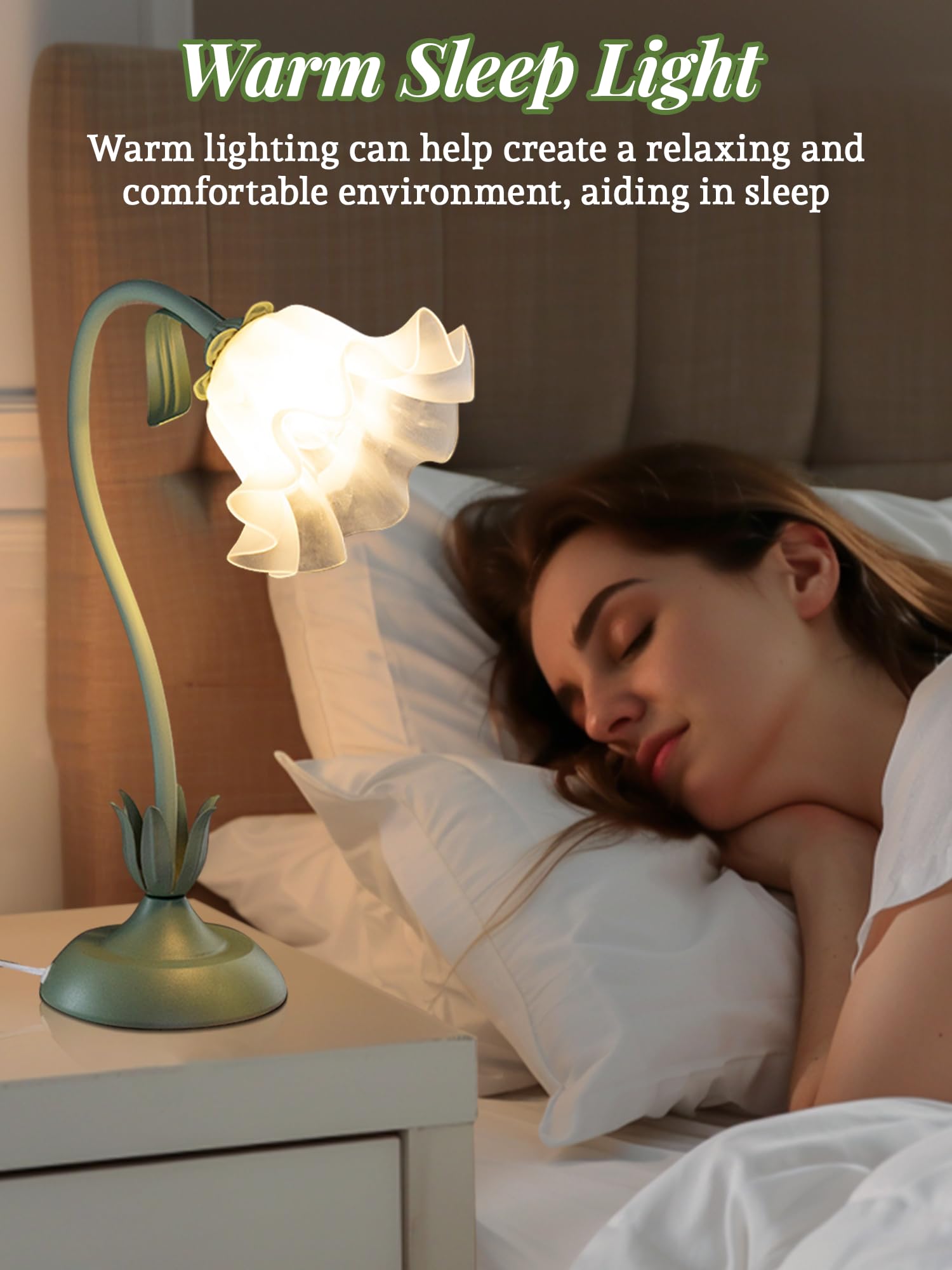 WULCFCH Flower Table Lamp LED Reading Light, Vintage Design, Acrylic, Green, Model huadeng-1, Cute Small Nightstand Lamp for Home Decor