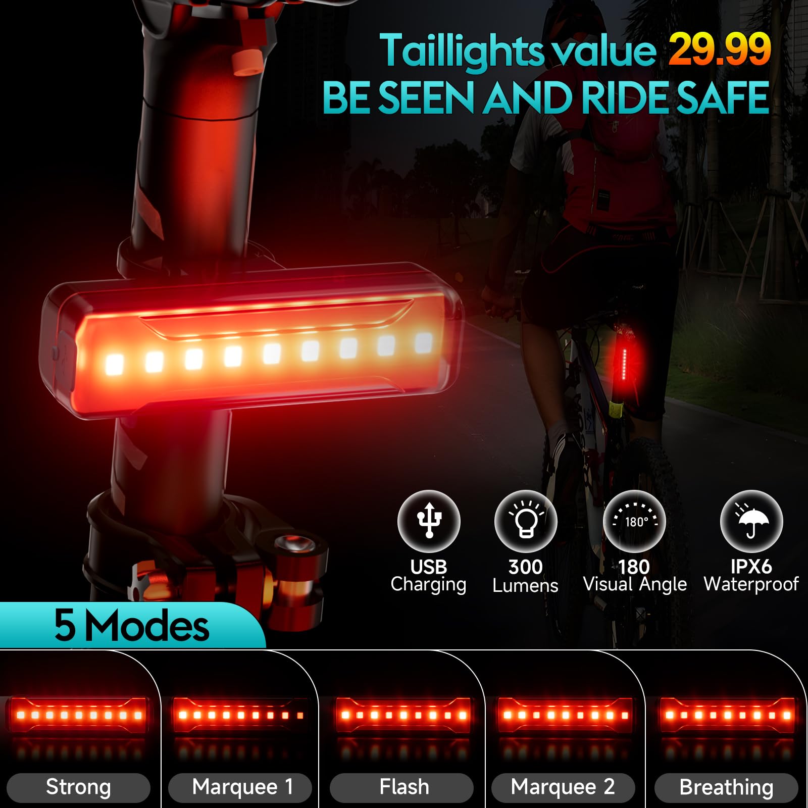 Buktailty 6 LED Bike Light, 5800 Lumens, Rechargeable Aluminum, 10 Modes, Waterproof, Black, Model KX7-X