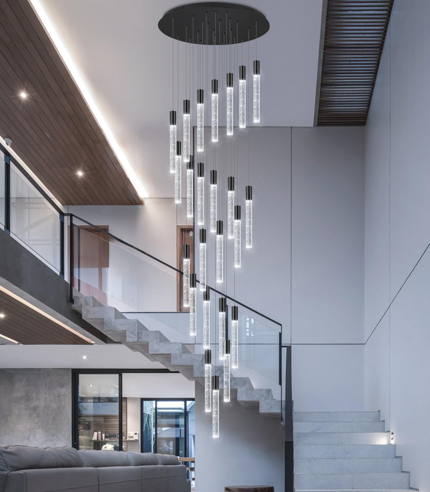 Haixiang 13 Foot High Ceiling Chandelier For Entryway Modern Crystal Lights For Living Room Foyer Flush Mount Sloping Ceiling Pe