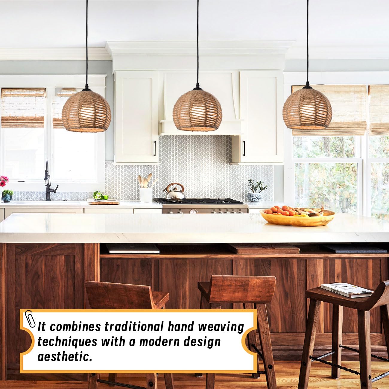 Ayshwilldec 3-Pack Woven Pendant Light, Boho Chandelier, Hemp Rope, Rustic For Dining Room & Kitchen