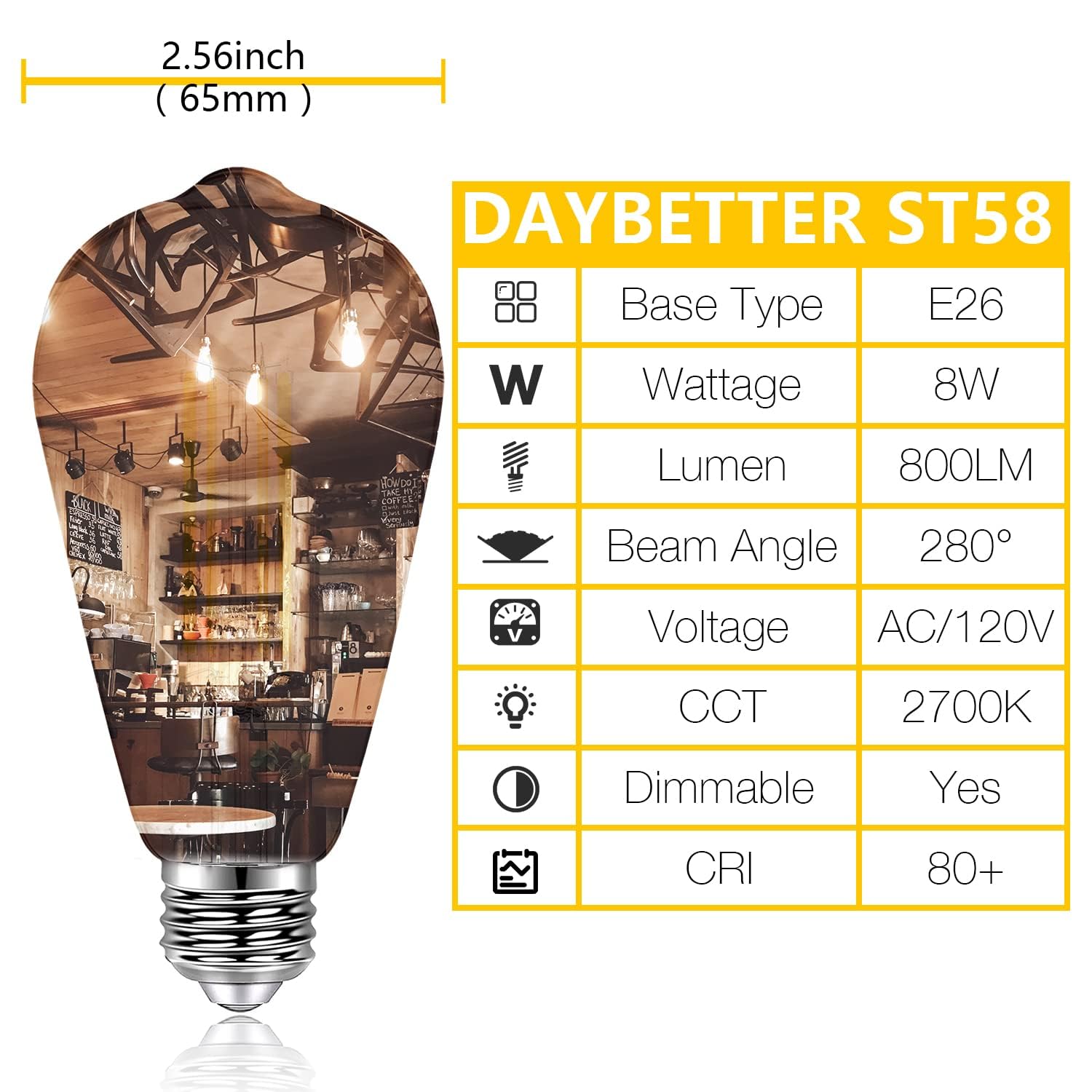 Daybetter 20 Pack St58 Led Edison Bulbs, 8W Vintage Light Bulbs, Equivalent 60 Watt, 800Lm, Cri85+, 5000K Warm White, Dimmable E