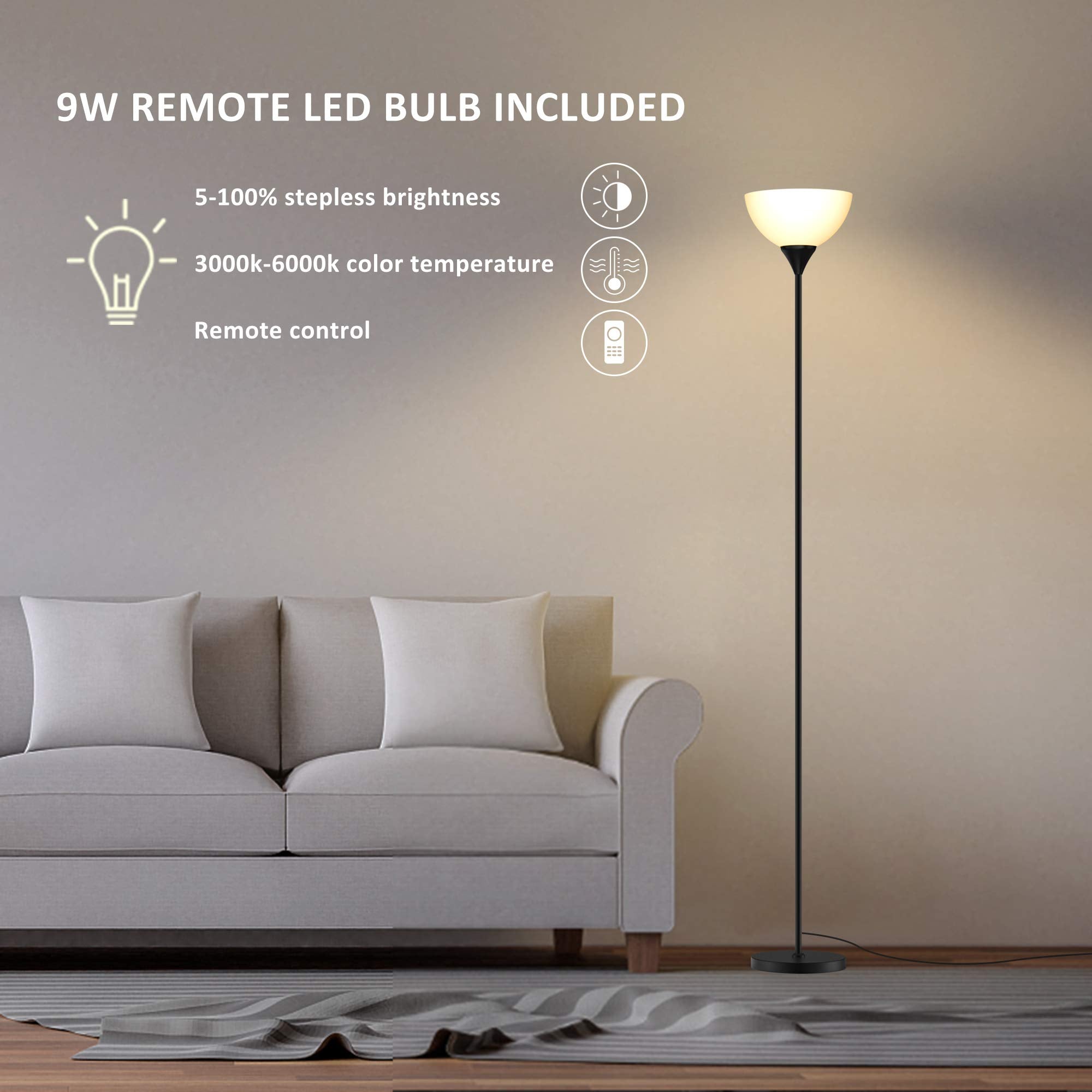 PESRAE Torchiere Floor Lamp with Remote Control, 4 Color Temperatures, Matte Black, Model MF3601, Bulb Included