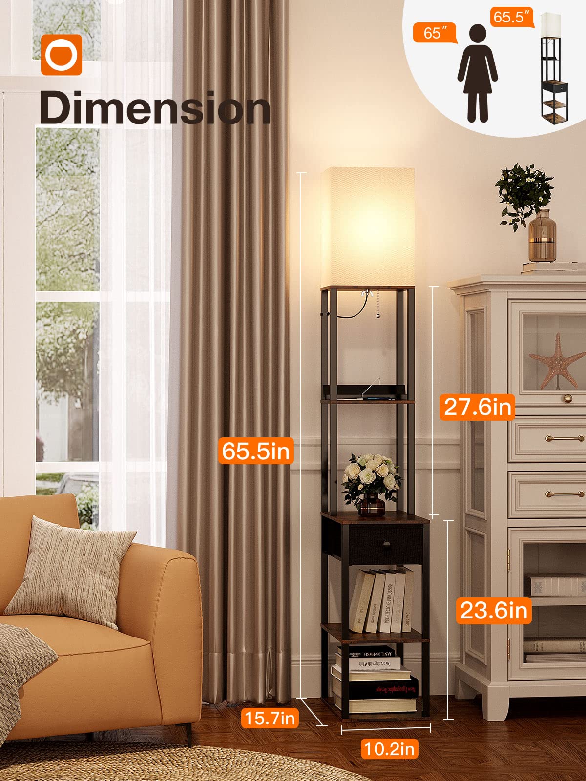 Addlon Floor Lamp With 2 Usb, 1 Outlet And Drawer, 3 Color Temperatures Led Bulb (9W), Sofa Lamp With White Lampshade, Display F