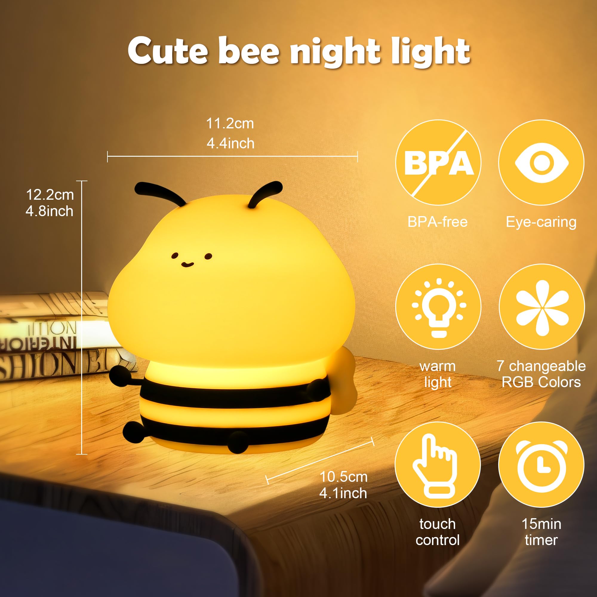 Soledun Bee Silicone Night Light - Dimmable RGB Lamp with USB Rechargeable Touch Control for Kids' Bedroom & Nursery Decor