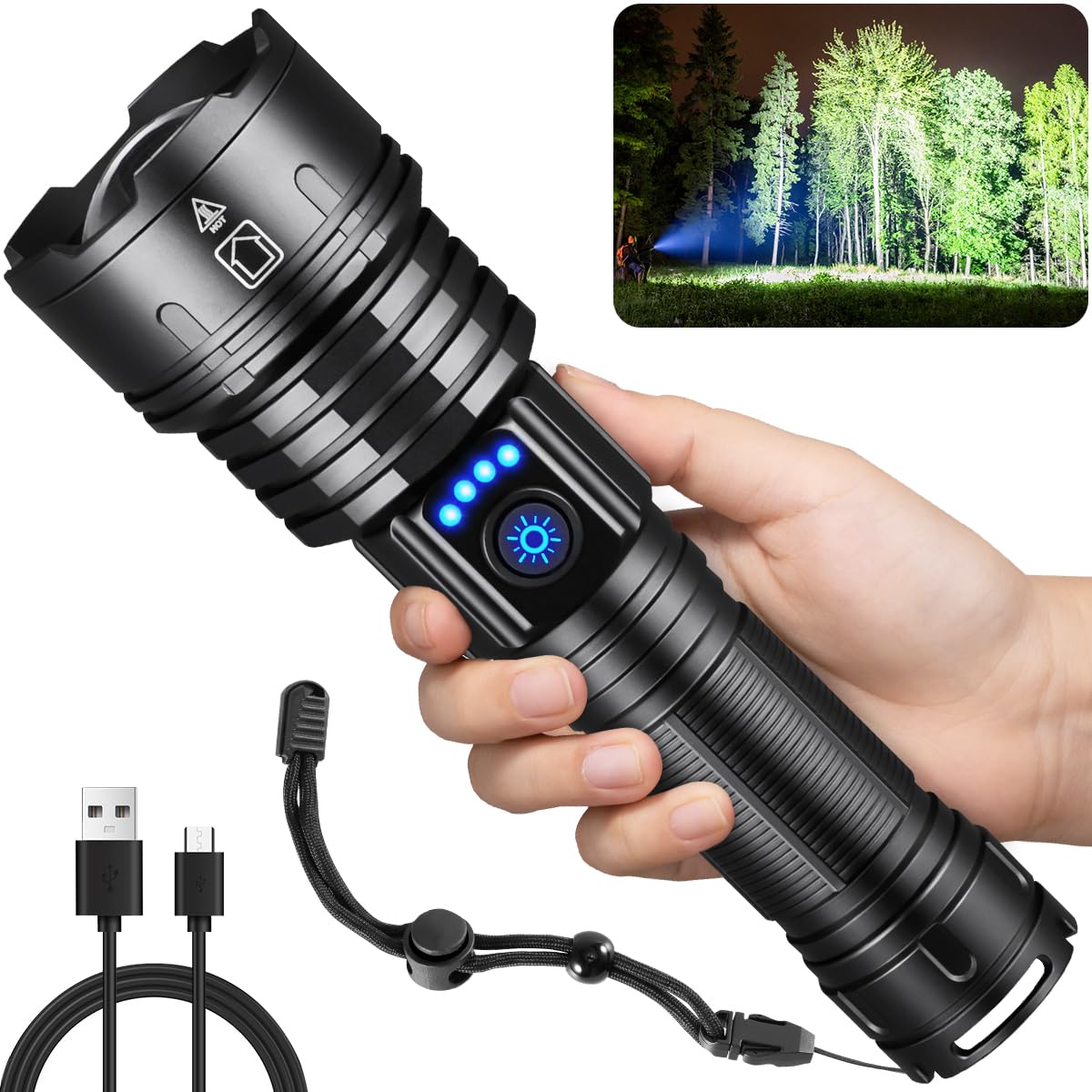 Flashlights High Lumens Rechargeable, 990000LM Super Bright Flashlight, Adjustable Tactical Flashlight, 5Mode Flash Light High P