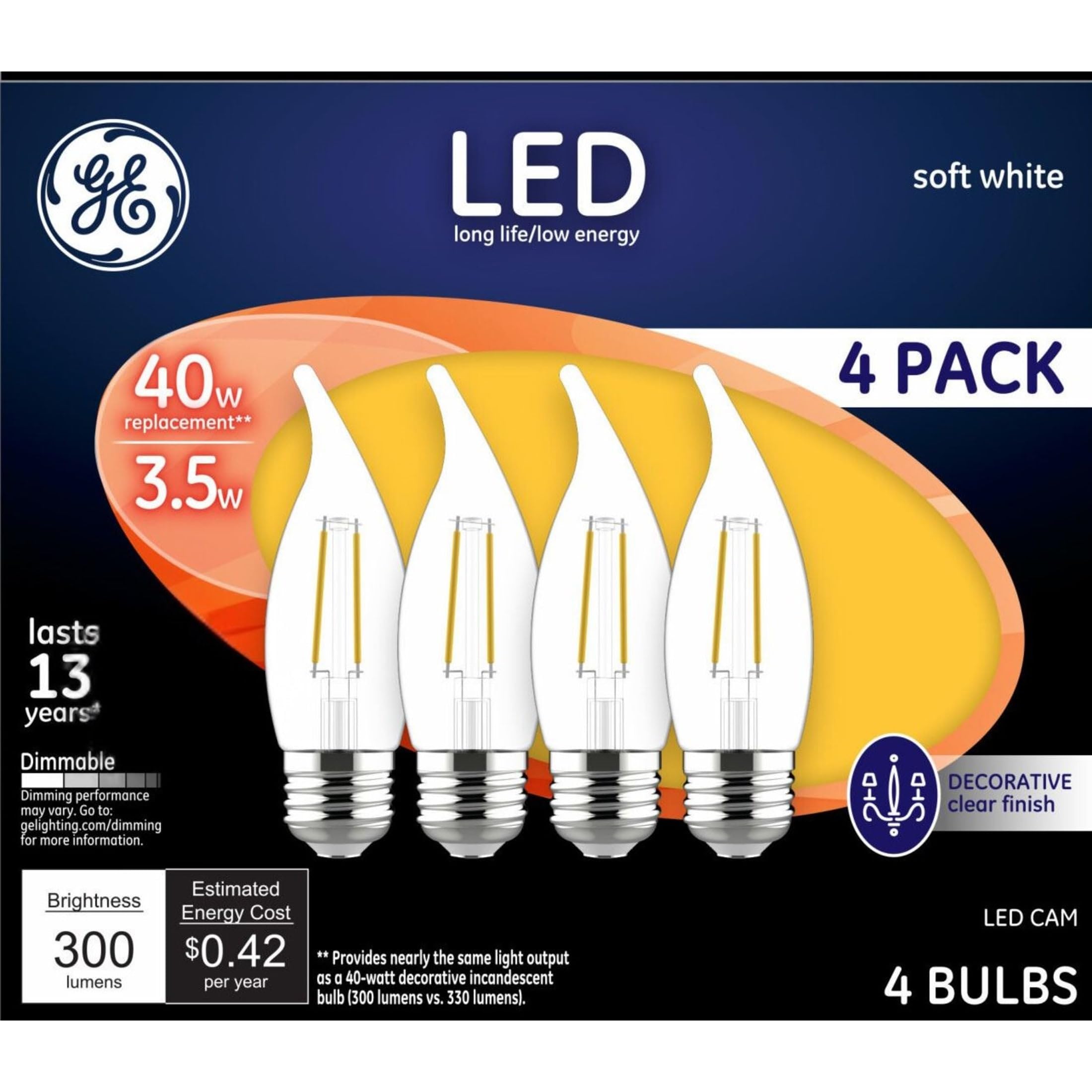 Ge Led Light Bulbs, 40 Watt, Soft White, Decorative Bulbs, Clear, Medium Base (4 Pack)