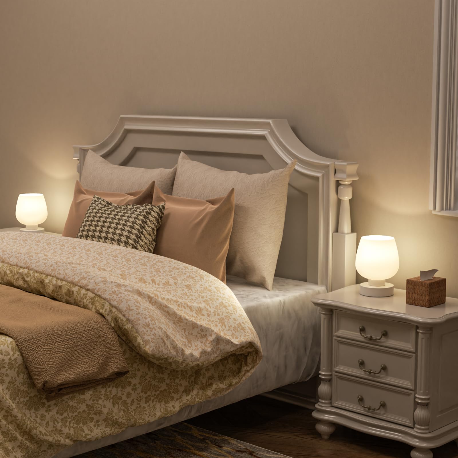 Touch Bedside Table Lamp Set Of 2 - Small Bedside Lamp For Bedroom Living Room Night Stands, Desk Lamp With White Glass Shade Fo