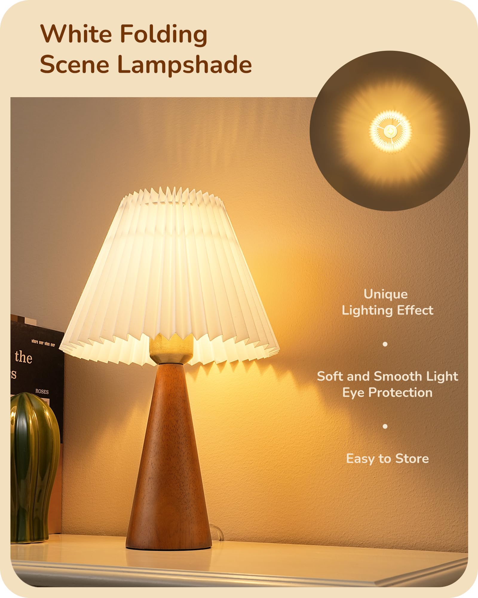 EDISHINE Small Table Lamp, Wooden Base, White Pleated Shade, E26, Dark Rosewood