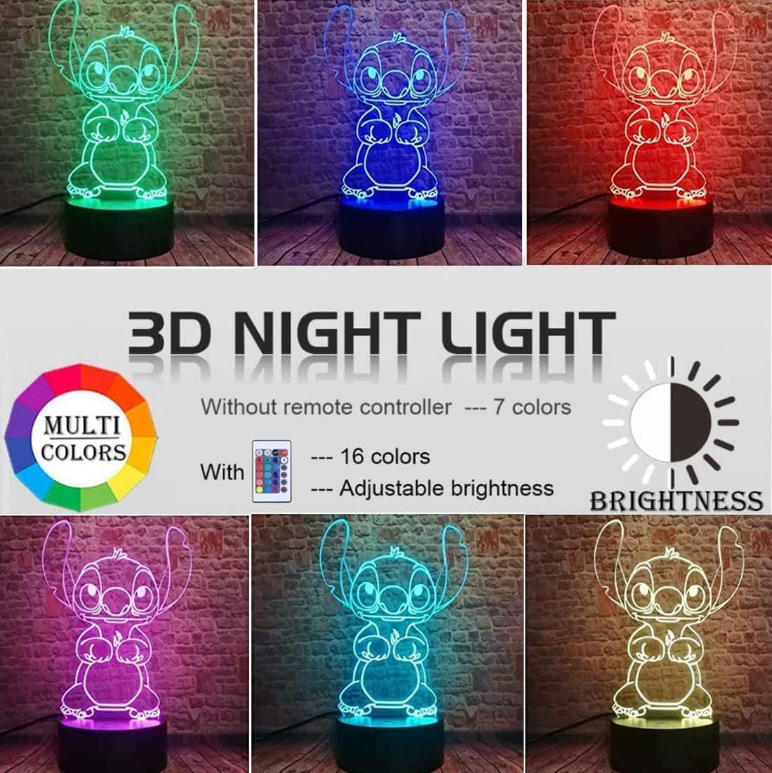 KFICSIKY 3D LED Stitch Night Light, Multicolor, Remote Touch, 16 Colors, 3.94x4.72x8.27 inches, Model F0726,