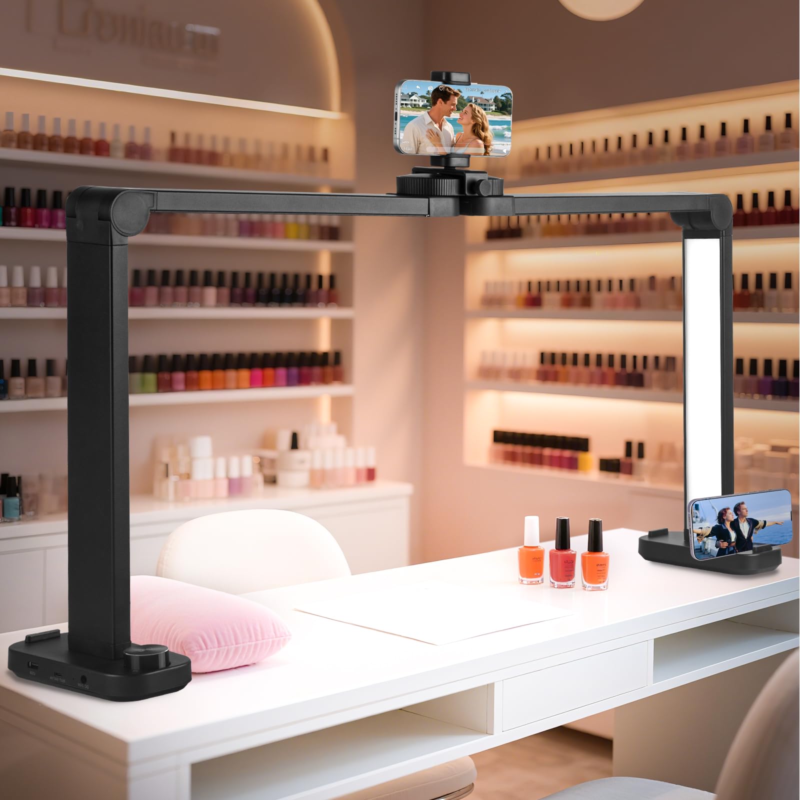 Kirkas 34Inch Large Half Moon Light For Nail Tech, 456 Leds 3 Color Modes Infinitely Knob Arch Nail Light With Phone Holder Char