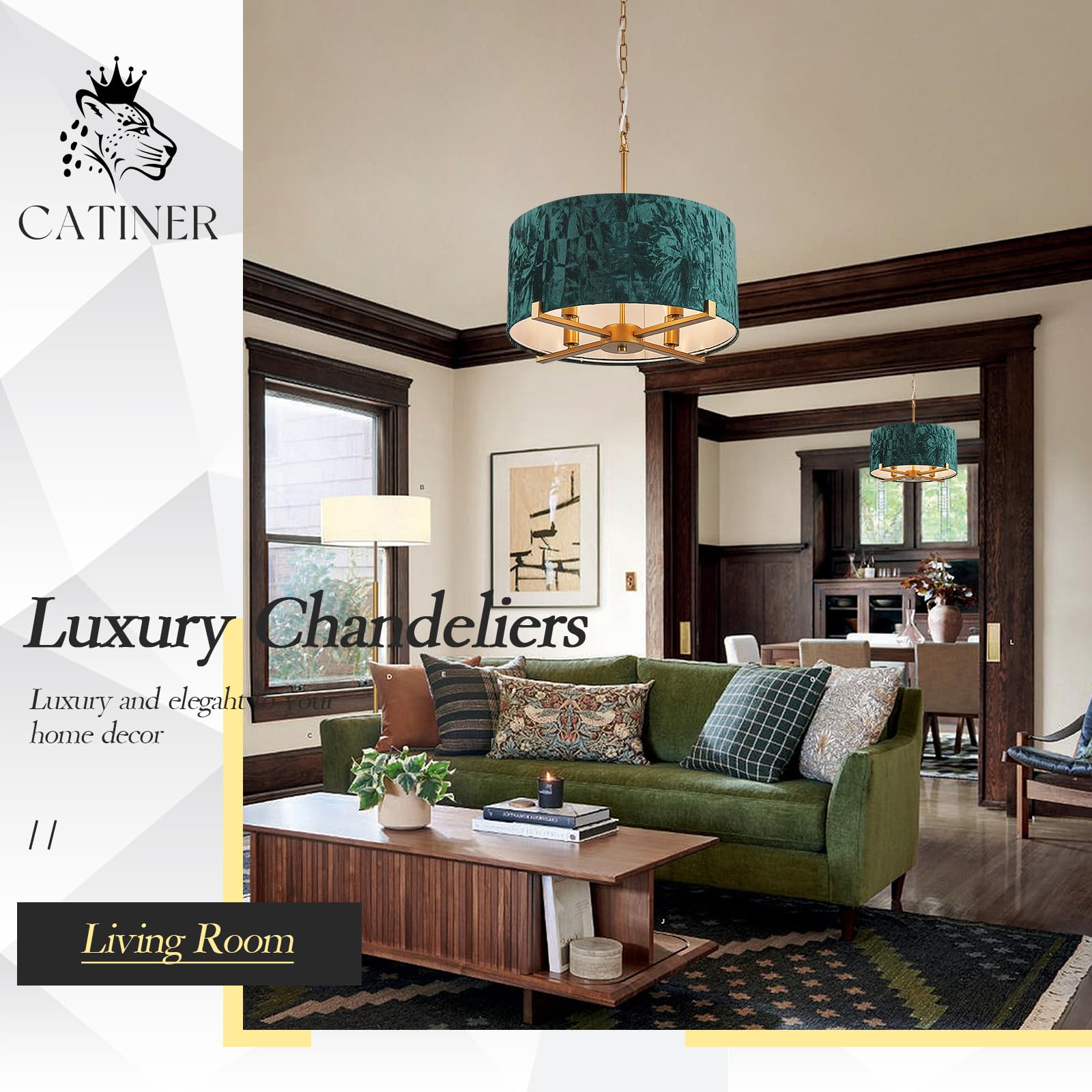 CATINER 4-Light Drum Pendant Chandelier, Vintage Gold & Emerald Green, 18” Round, Metal Velvet Shade, Model P96450GG1