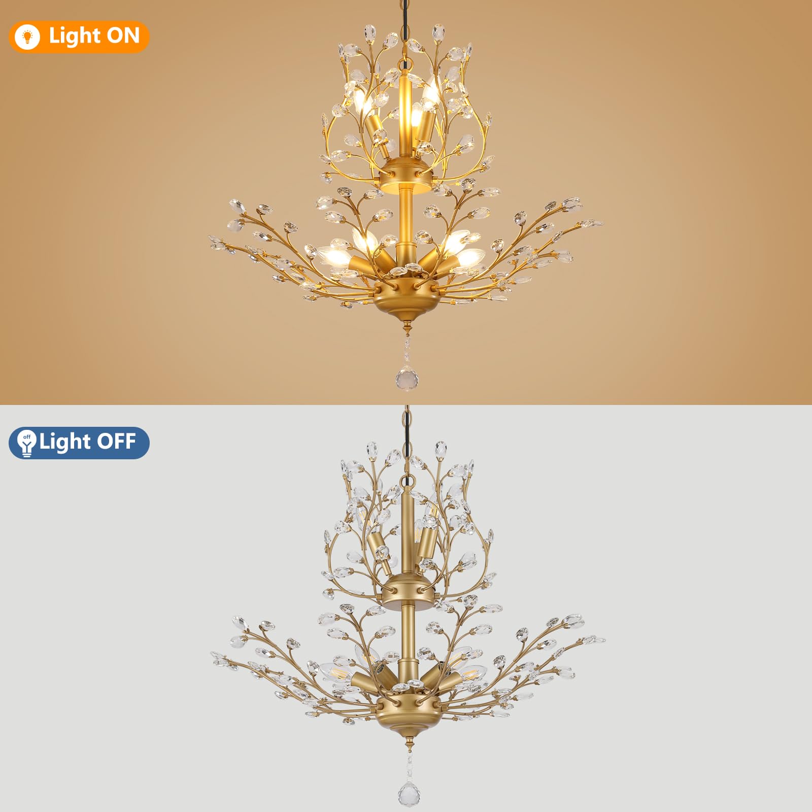 3Wwwuee Gold Crystal Chandelier, Farmhouse 8-Light Large Branch Pendant Light With Adjustable Chain, 2-Tier Vintage Flower Ceili