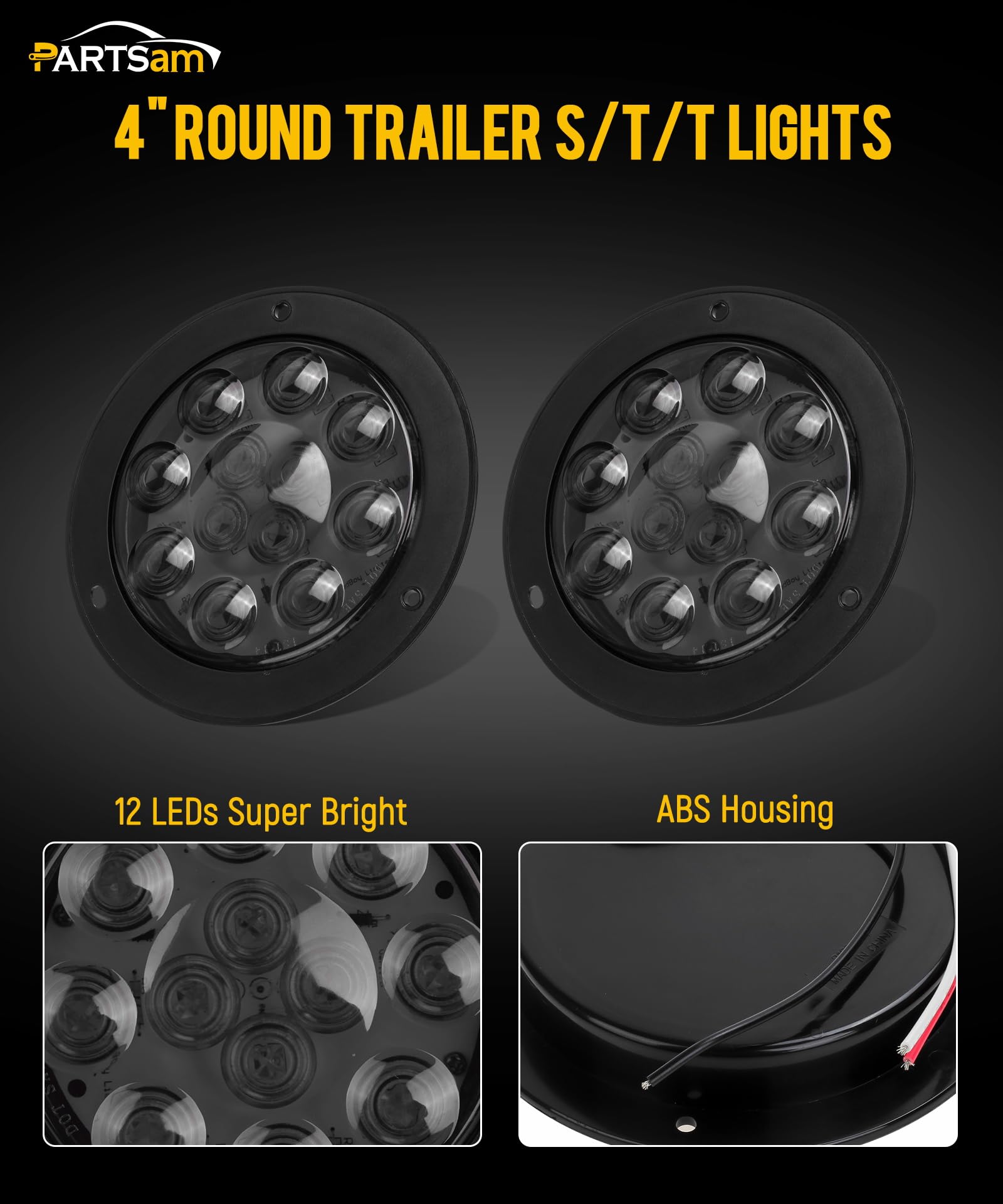 Partsam 2Pcs 4 Inch Round Red Led Trailer Tail Lights Flange Mount Smoke Lens - 12 Red Led Turn Stop Brake Trailer Lights Waterp