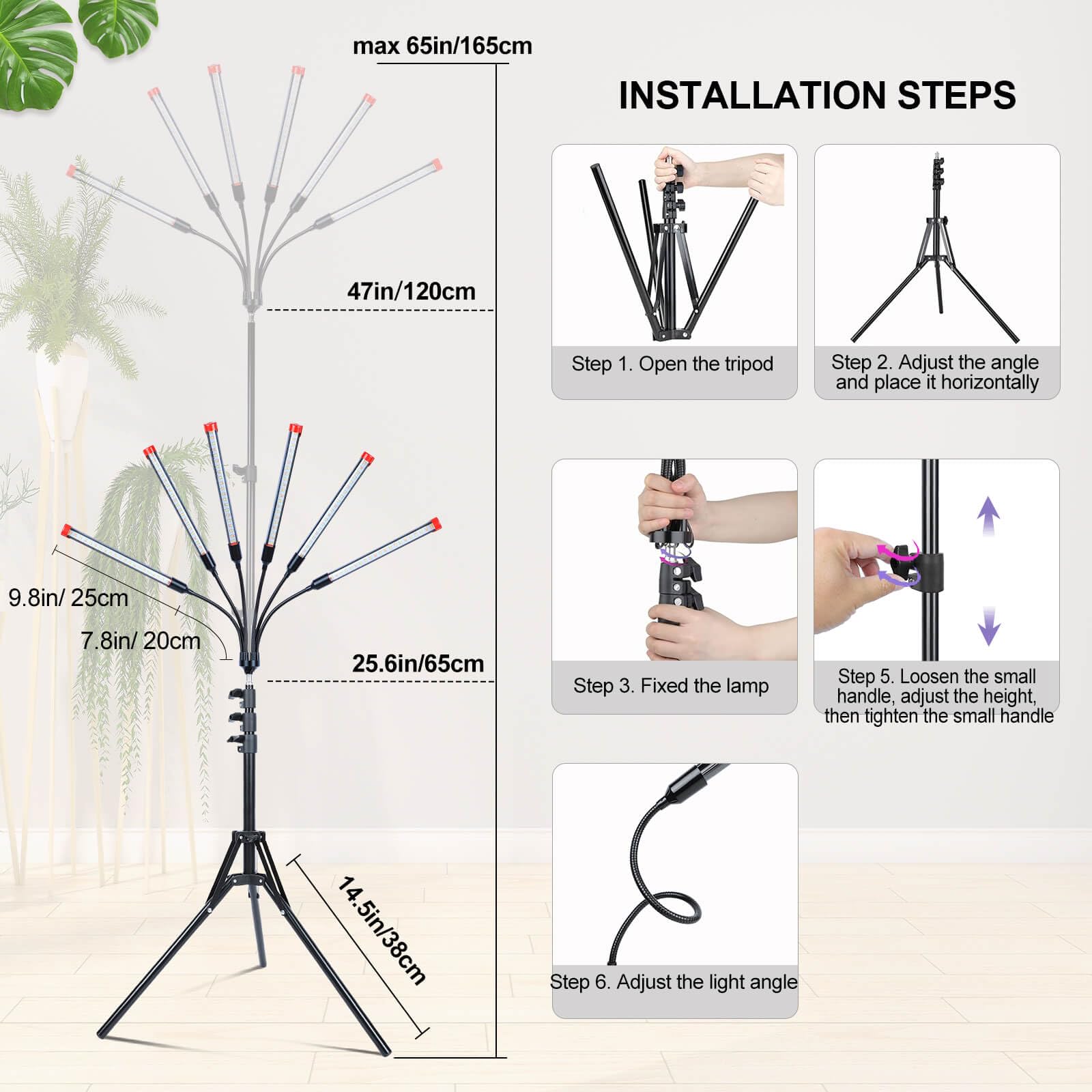 JINHONGTO 54W Grow Light for Indoor Plants, Full Spectrum, Adjustable Tripod Stand 24in-64in, Black, Model ZH_GL_RH