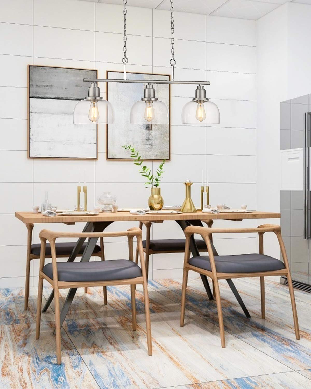 Eapudun 3-Light Farmhouse Pendant Light, Brushed Nickel With Clear Glass For Kitchen Island