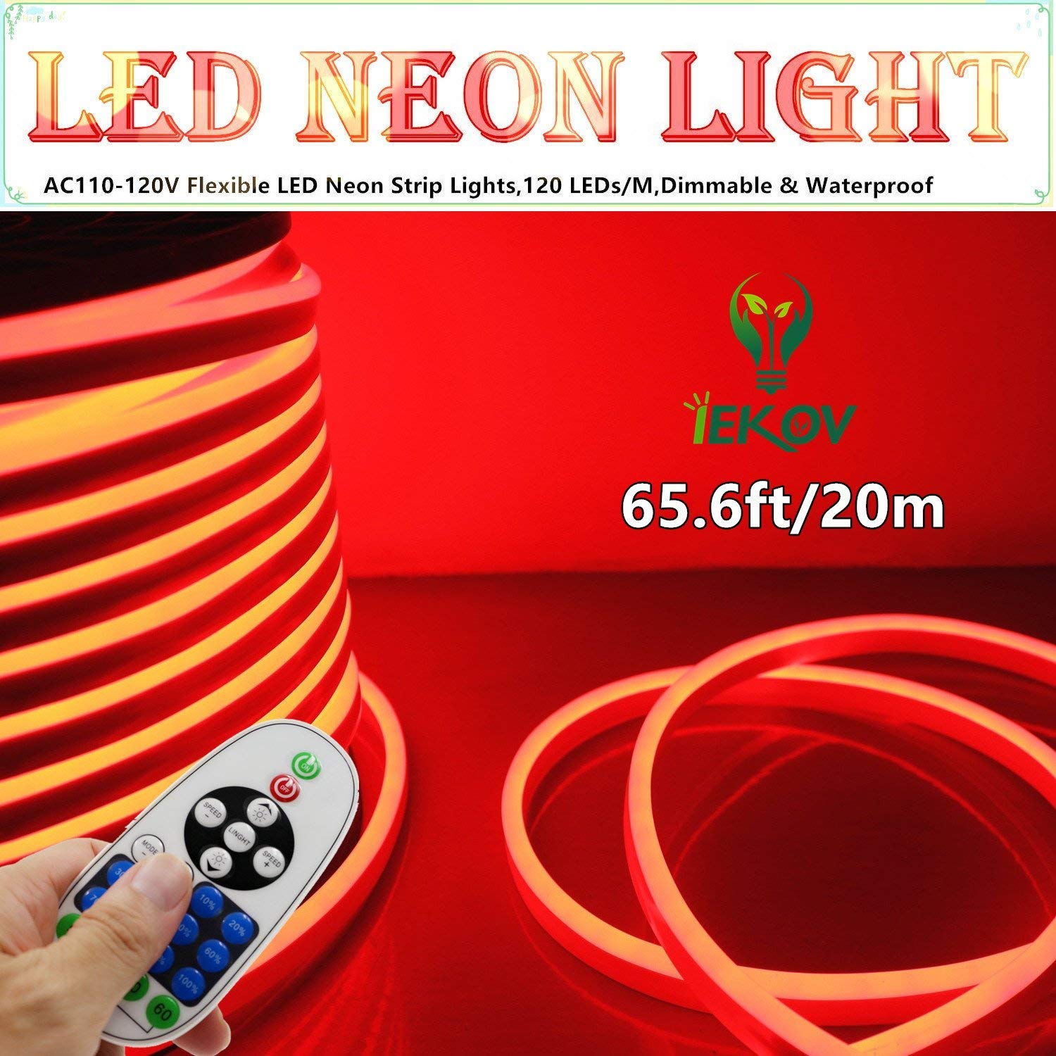 IEKOV LED Neon Light, Dimmable Waterproof Rope Light, 20m/65.6ft, Red, Flexible 2835 SMD, Model NEON LIGHT-R-20M