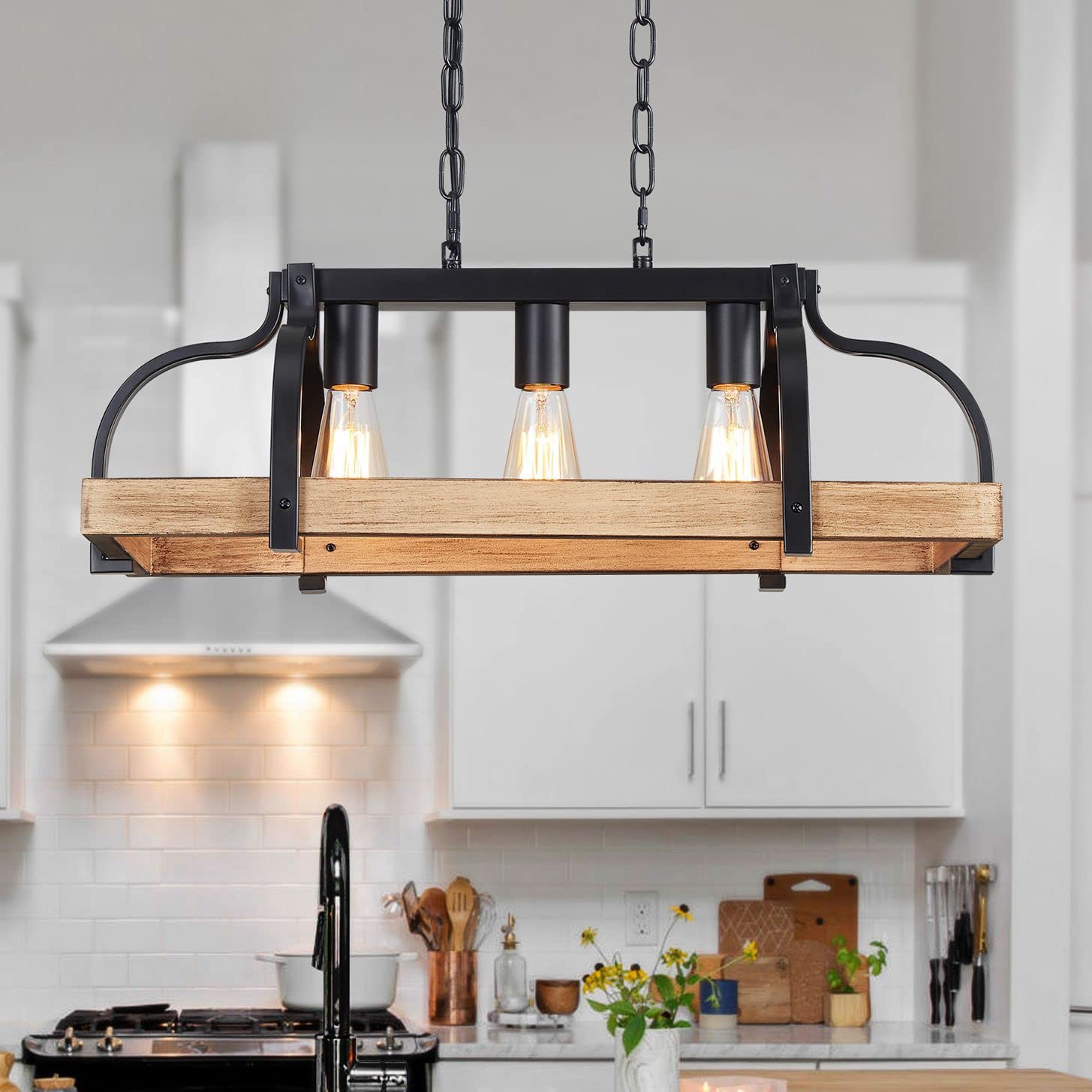 Wuzups 3-Light Metal Pot Hanging Rack Chandelier Imitation Light Wood Grain Linear Pendant Ceiling Lighting Rustic Farmhouse Fix