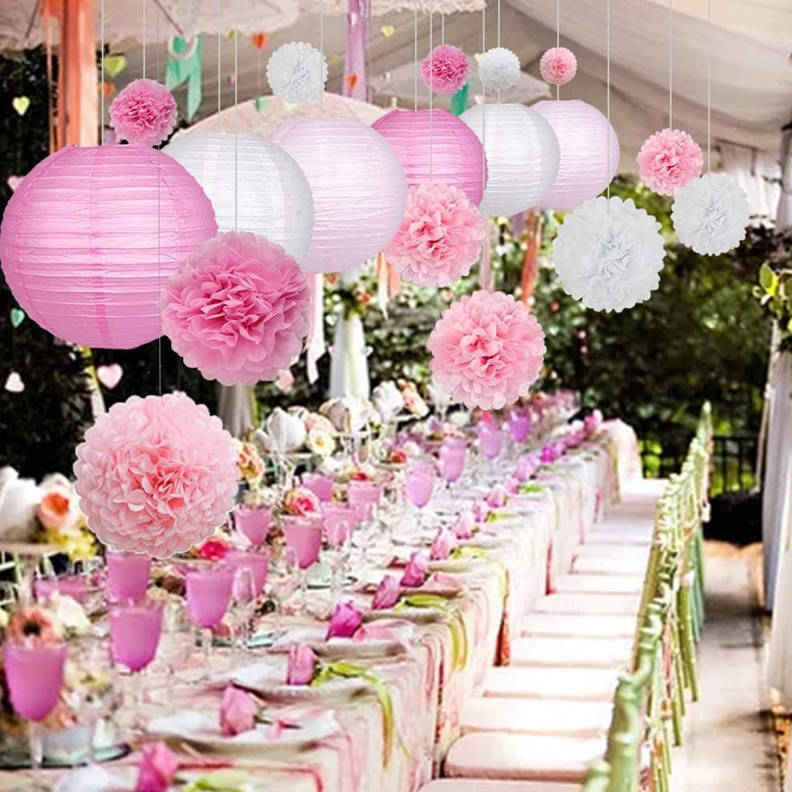 Celehappy Pink Paper Lanterns - 18pcs Tissue Paper Pom Poms for Baby Shower, Wedding, Birthday - Variety Pack, Hot Pink/Pink/White