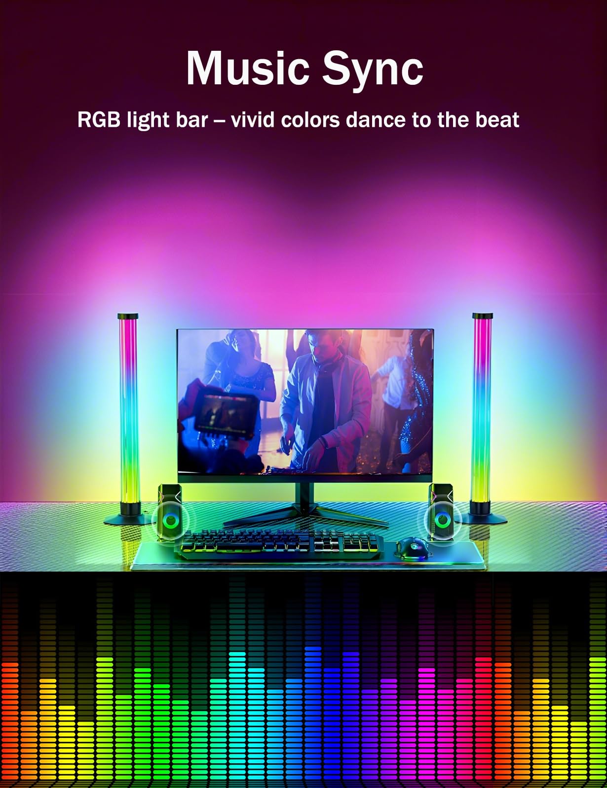 Eastfine RGB Light Bar, USB Powered, Music Sync, Remote Control, Model DX24016-33, 360 Degree Ambient Lighting for TV and Desk
