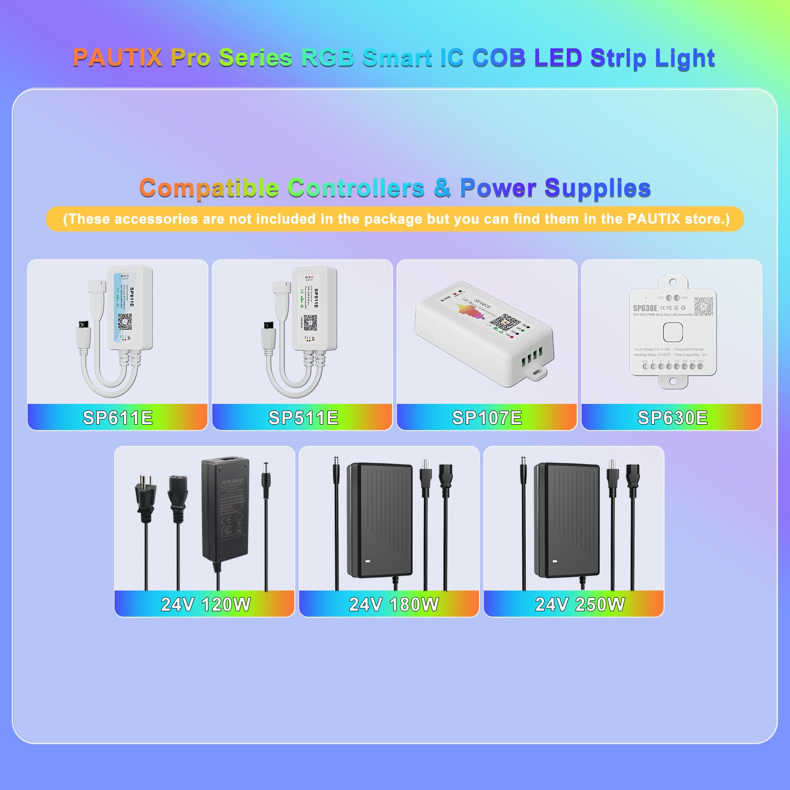 PAUTIX RGB Smart IC COB LED Strip Light, 24ft Multicolor, DC24V, Flexible Tape for TV & Bedroom, Model SRGB630F012W24-COB-7