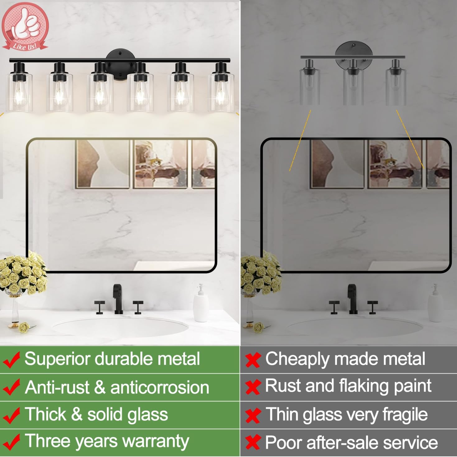 Zarbitta 6-Light Bathroom Light Fixtures, Black Modern Vanity Lights, Clear Glass Shade, Model YX-062, Matte Black