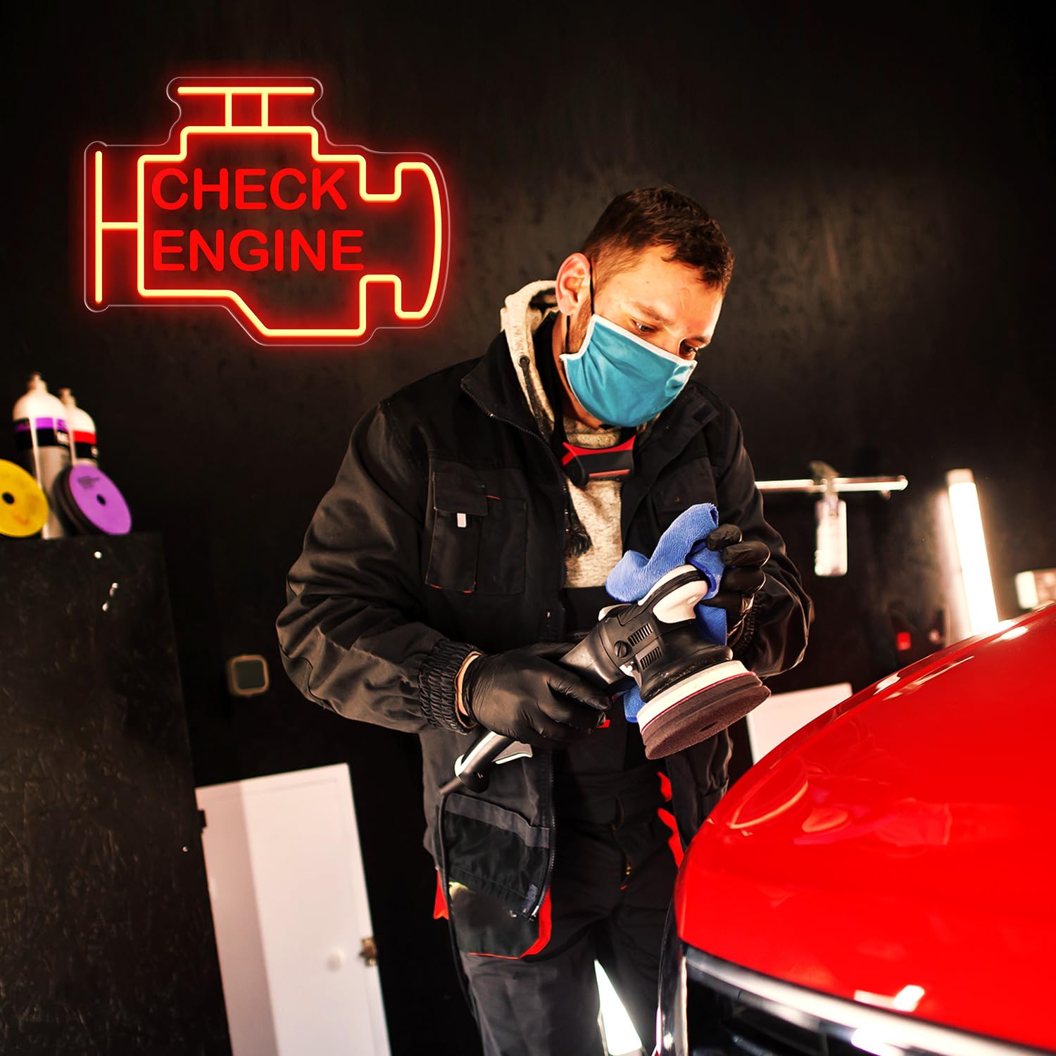 PSPCBS Check Engine Neon Sign, 15x11in Dimmable LED Wall Light, Orange Acrylic Decor for Garage, Man Cave, Auto Repair Shop