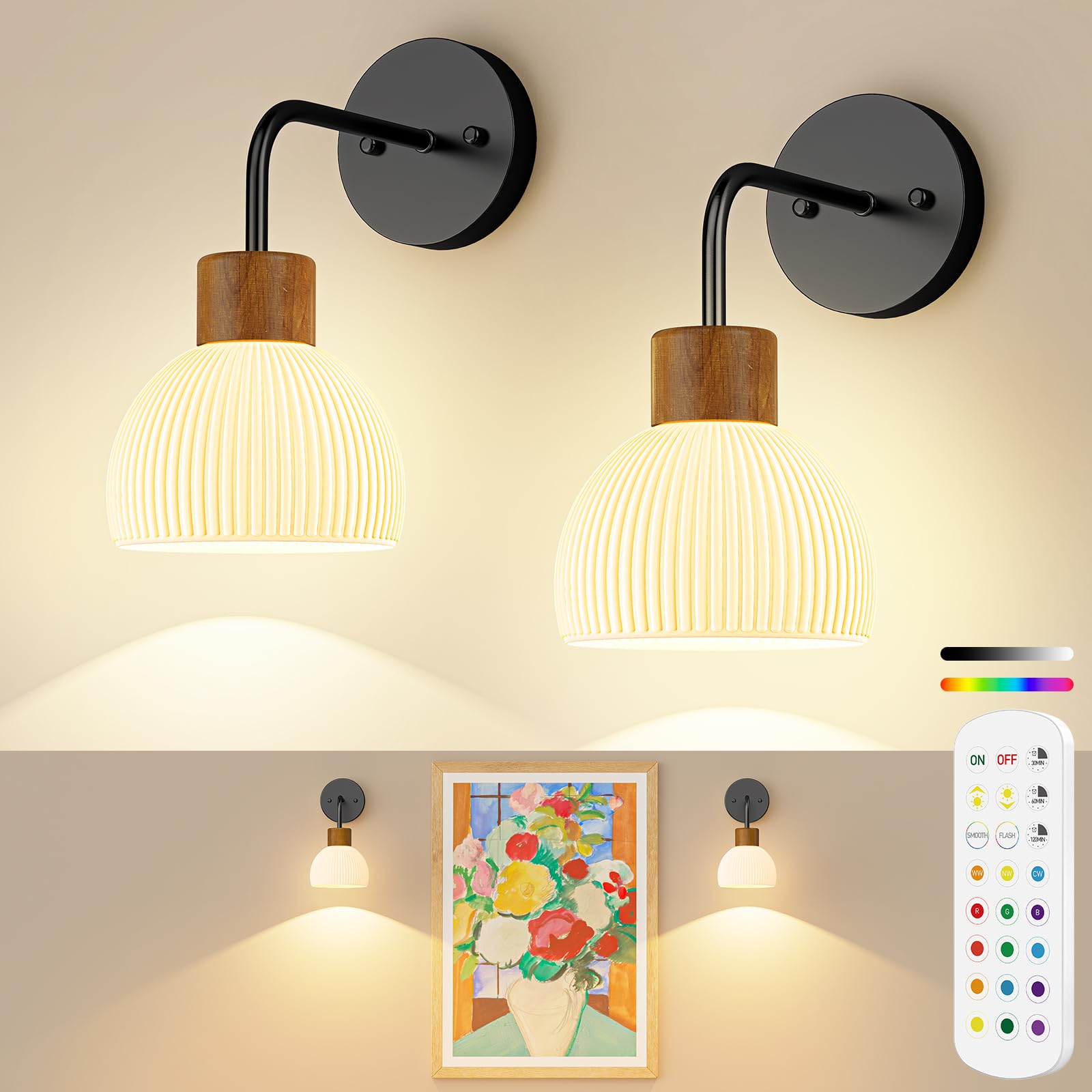 PRTILOUD Glass Battery Operated Wall Sconces Set of 2, Rechargeable Wall Lamp with Remote, 12 Colors Dimmable Wireless Sconces W