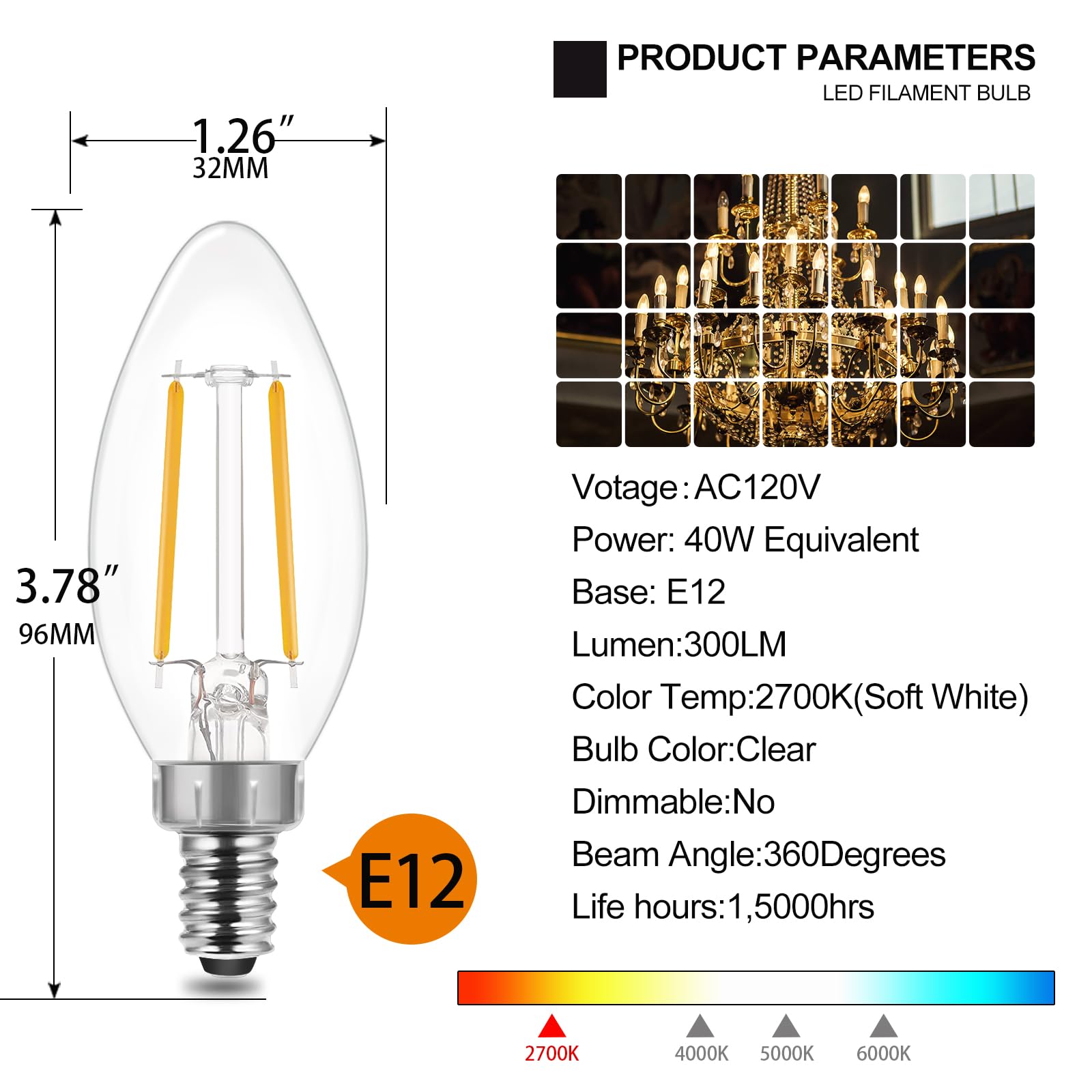 Energetic E12 B10 Led Candelabra Bulb, 40W Equivalent, Soft White 2700K, Clear Glass, 6 Pack
