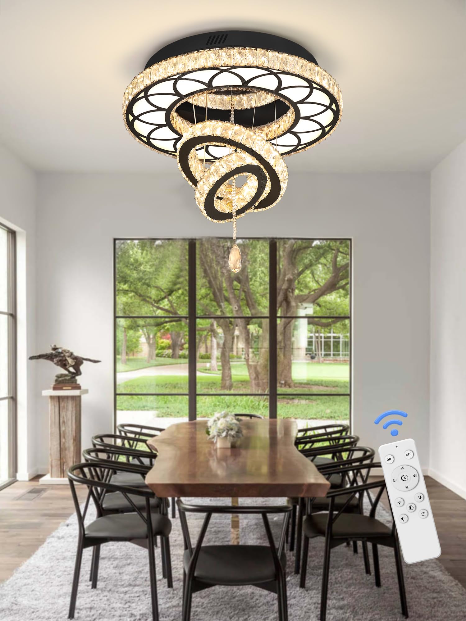 Flashing God Dia 20'' Crystal Chandelier Crystal Black Ceiling Light Fixtures LED Flush Mount Ceiling Light for Living Room Bedr