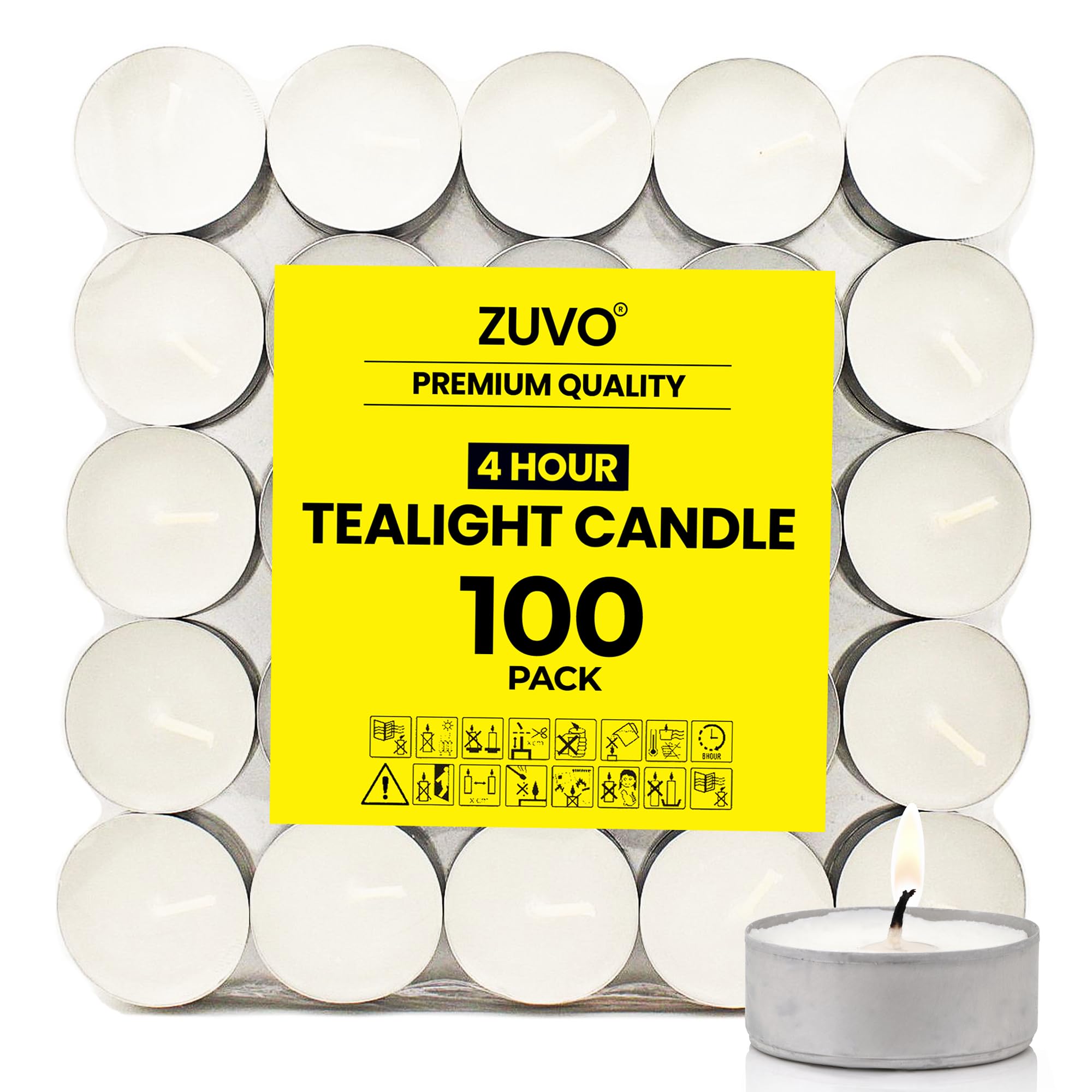 Zuvo Tea Lights Candles - Smokeless & Unscented - 4 Hour Burn - 100 Pack - White - 1.5inW x 1inH - Model 90203C