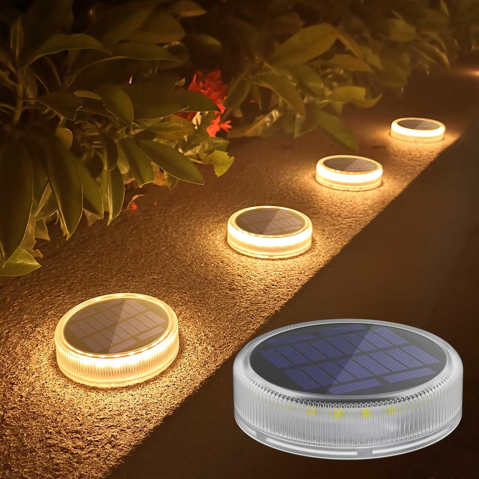 Lacasa Solar Deck Lights 4-Pack Waterproof LED, Round, Warm White, Model LJT-C8-4WW