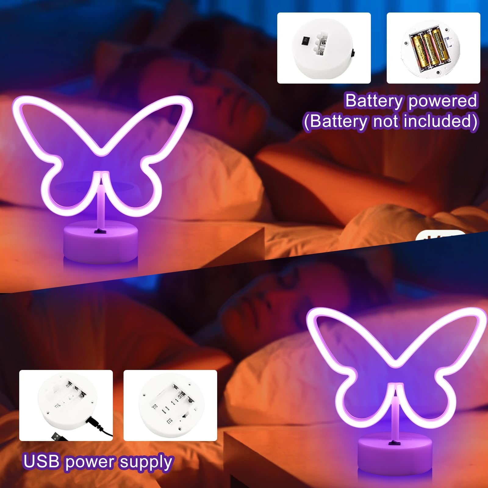 UrsaMajor Butterfly Neon Sign LED Lights, 2 Pack, USB/Battery Operated, 8.86x6.3 inches, Purple, Model Pu-2