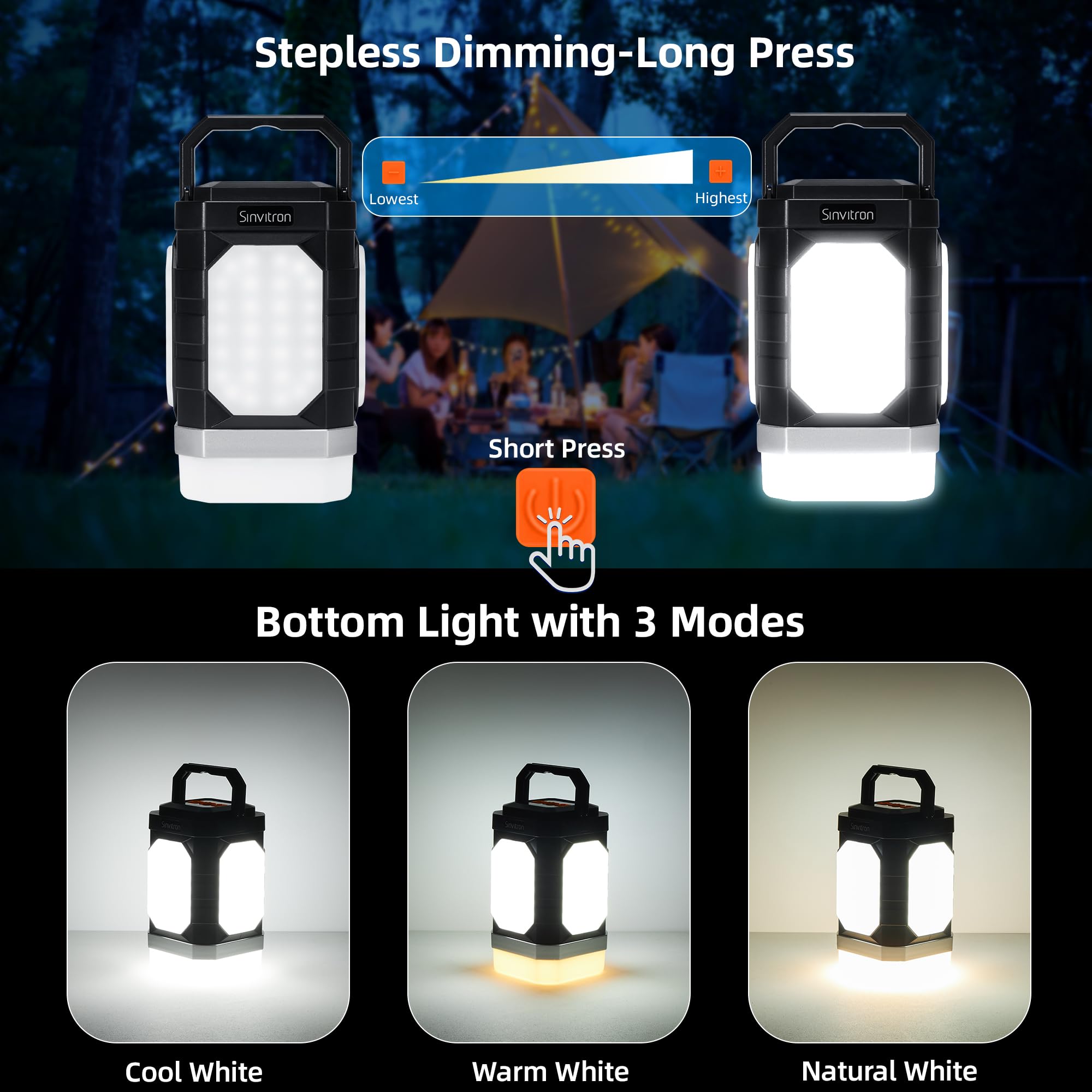 Sinvitron Camping Lantern Rechargeable 30,000mAh 1000 Lumens IPX5 Waterproof 1 Pack Black&Org Model C29