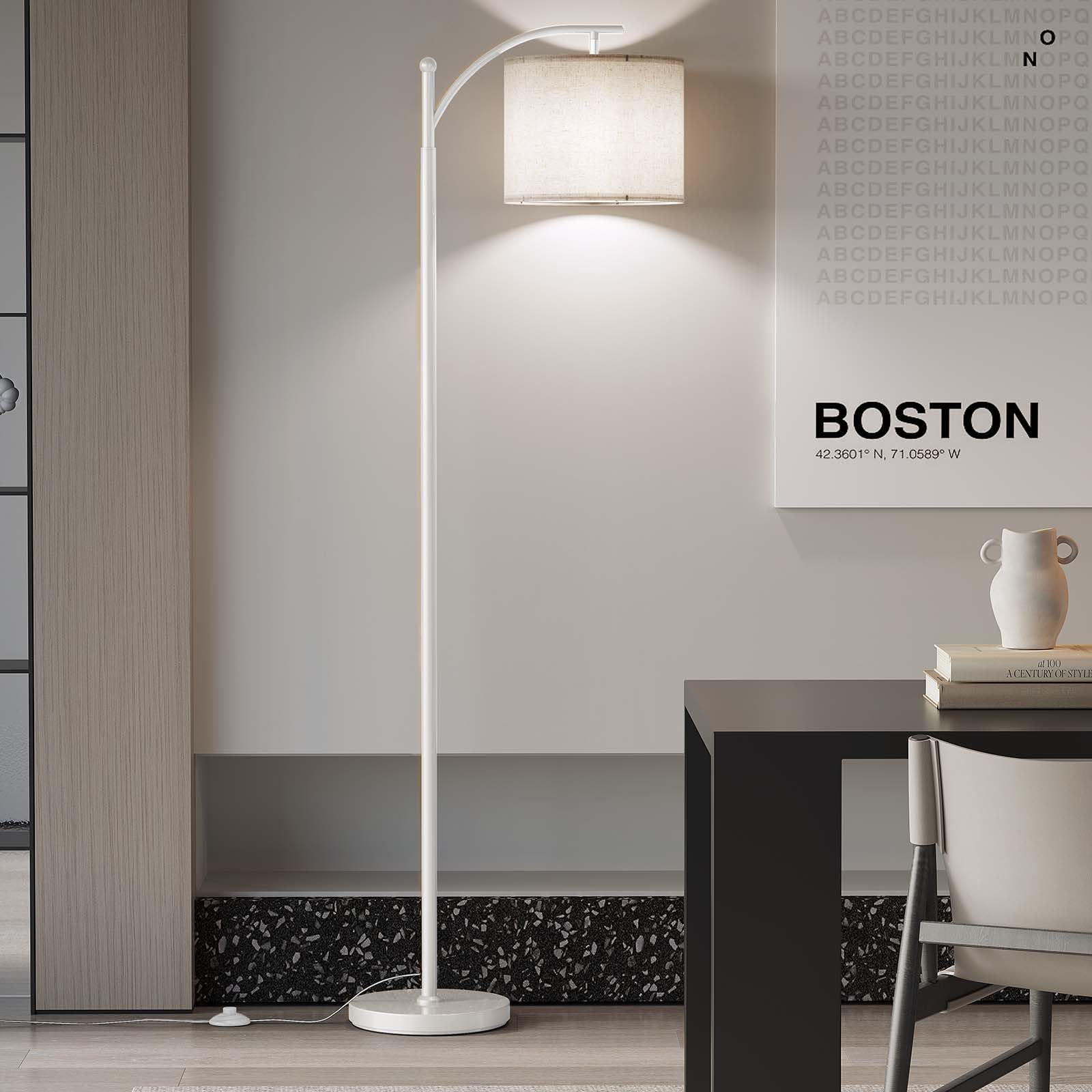 SUNMORY Arc Floor Lamp, Modern Metal Standing Lamp with 9W Bulb, Adjustable Lampshade, White, Model MF18166A