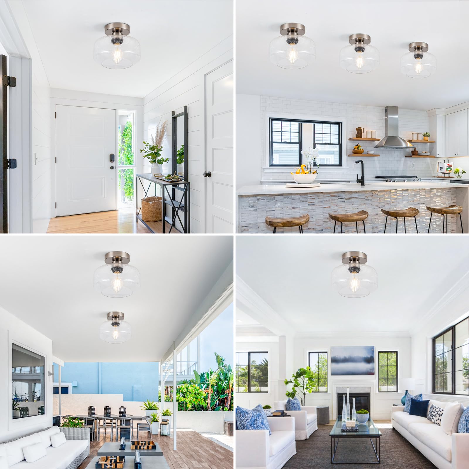 Tbaoinla Semi Flush Mount Ceiling Light, Vintage Clear Seeded Glass, Brushed Nickel Base, Model X8881-A4, 900 Lumens