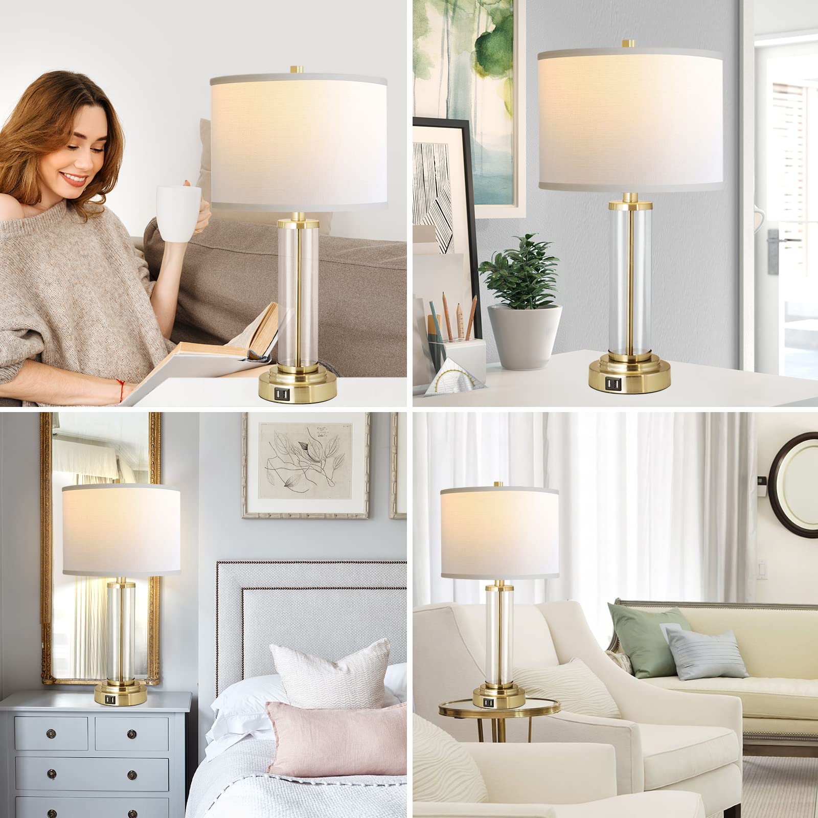 Qimh Lamps For Bedrooms Set Of 2, Touch Control Table Lamps With Dual Usb Ports, 3-Way Dimmable Bedside Lamp With Fabric Lampsha