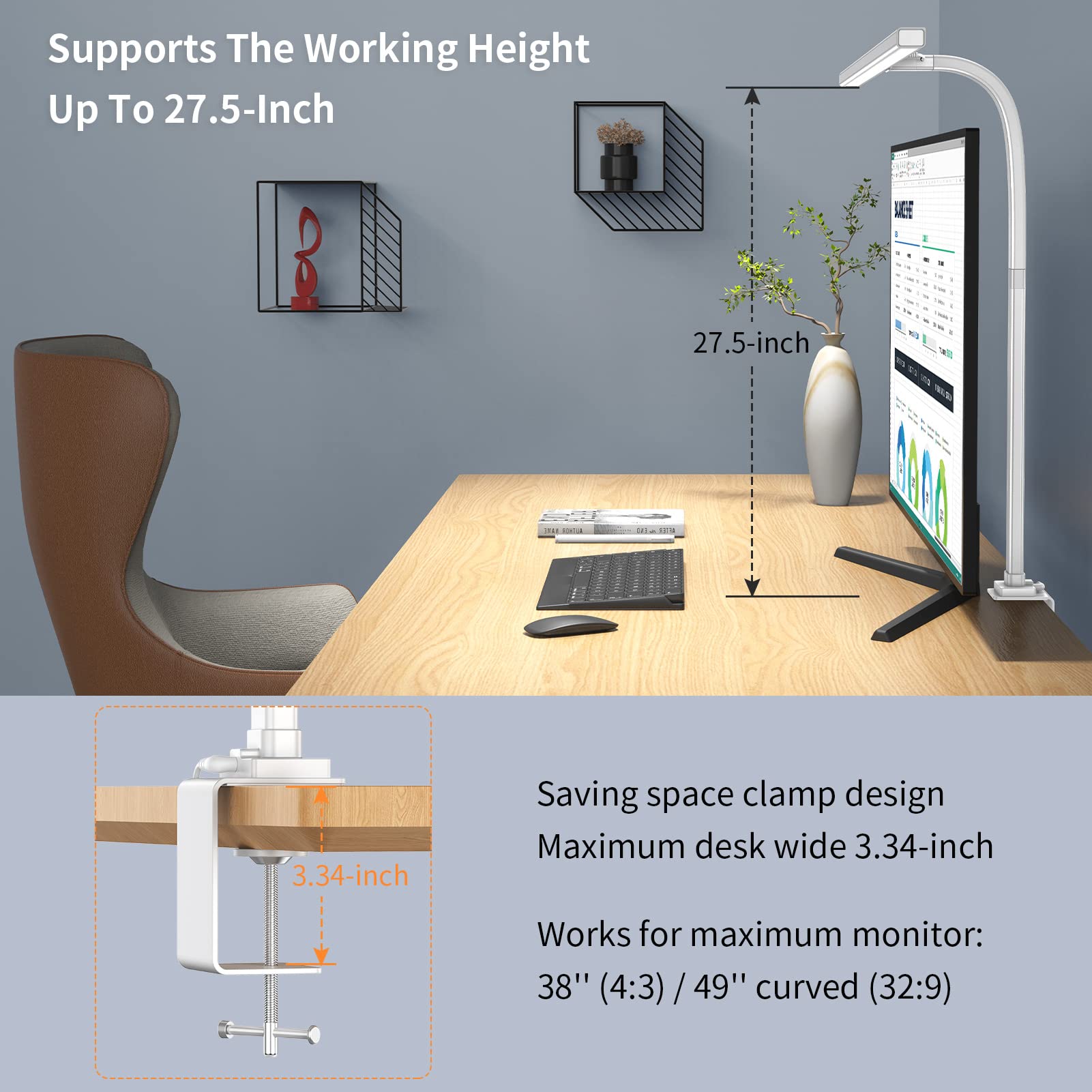 EppieBasic LED Desk Lamp - 24W Architect Clamp Task Light, 6 Color Modes, Stepless Dimming, Super Bright, White