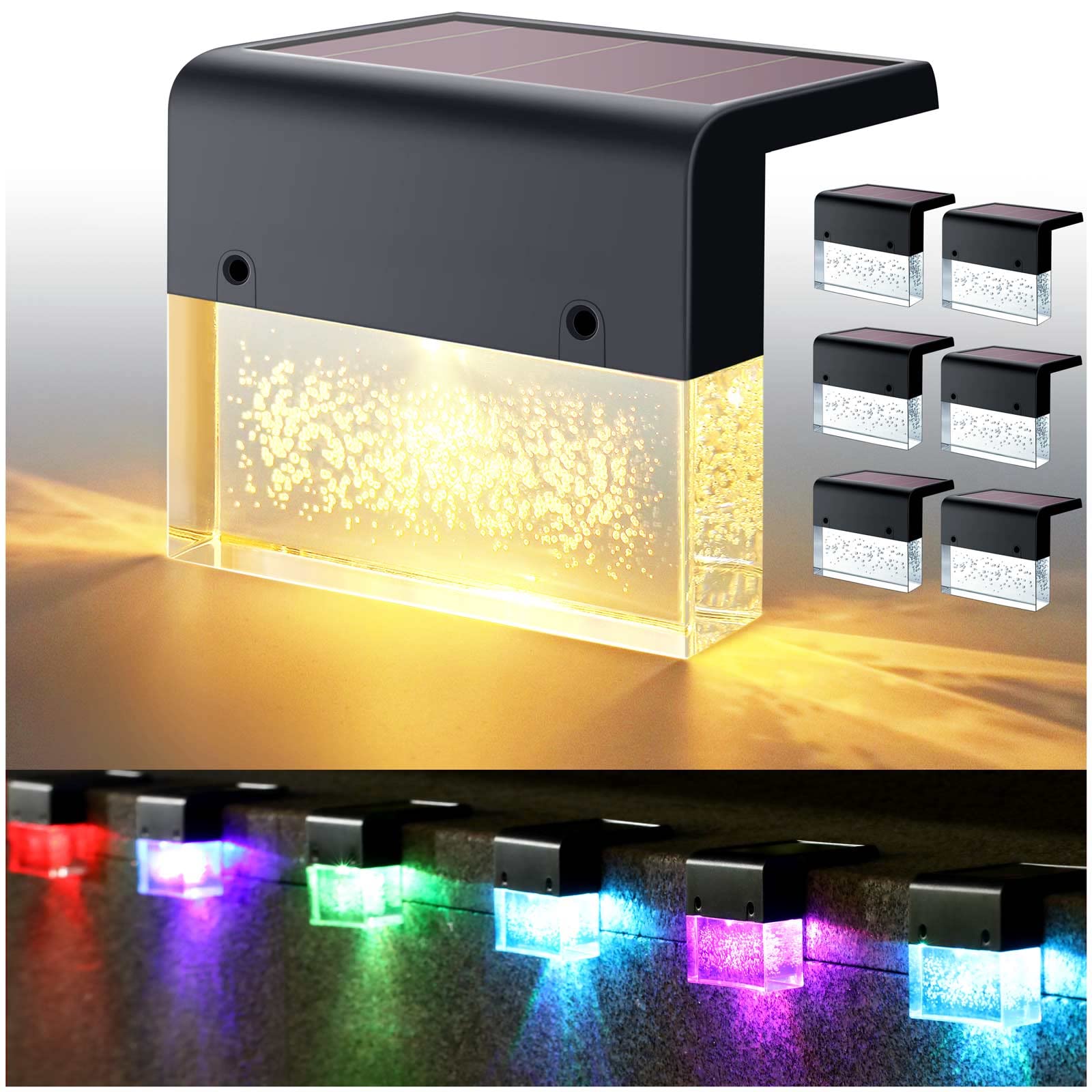 DenicMic Solar Deck Lights Outdoor 6 Pack Waterproof Warm White/Color Changing Black Model Y-L-06-02