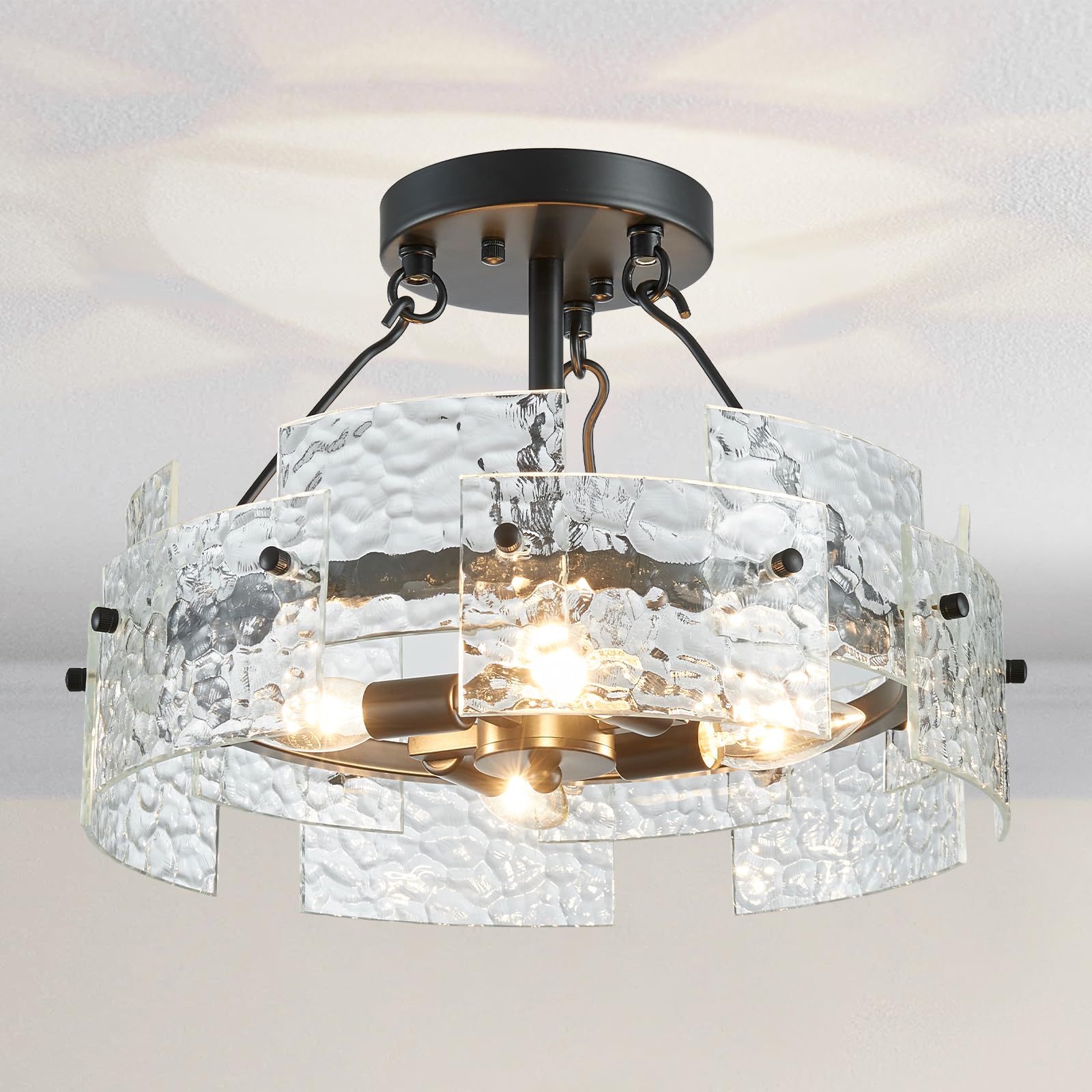XINGQI Black Ceiling 4-Light Modern Farmhouse Water Ripple Glass Ceiling Lighting Fixture 15.7 Drum Ceiling Lights for Bedroom Dining Room Living Room Hallway Entryway