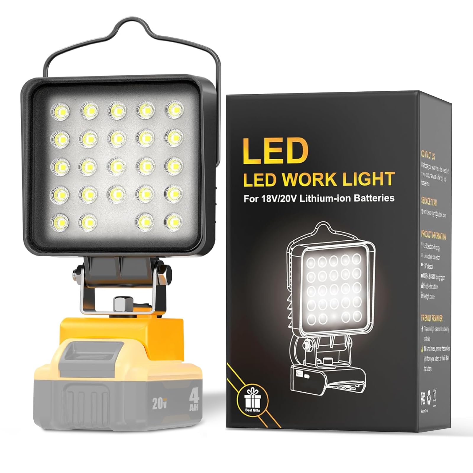 LANKA LED Work Light for Dewalt 20v Max Battery - Upgraded 48W 7200LM Cordless Work Light w/USB & Type C Charging Port 180 Adjus