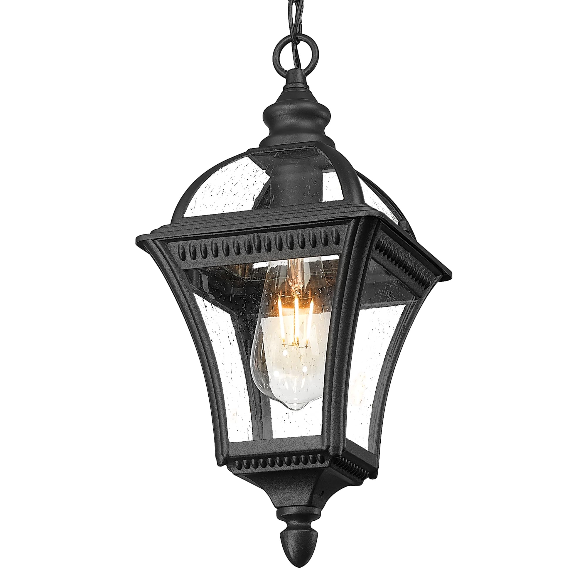 Emliviar 20.7'' Outdoor Pendant Light, Matte Black Hanging Porch Chandelier with Water Ripple Glass, Modern Ceiling Pendant Ligh