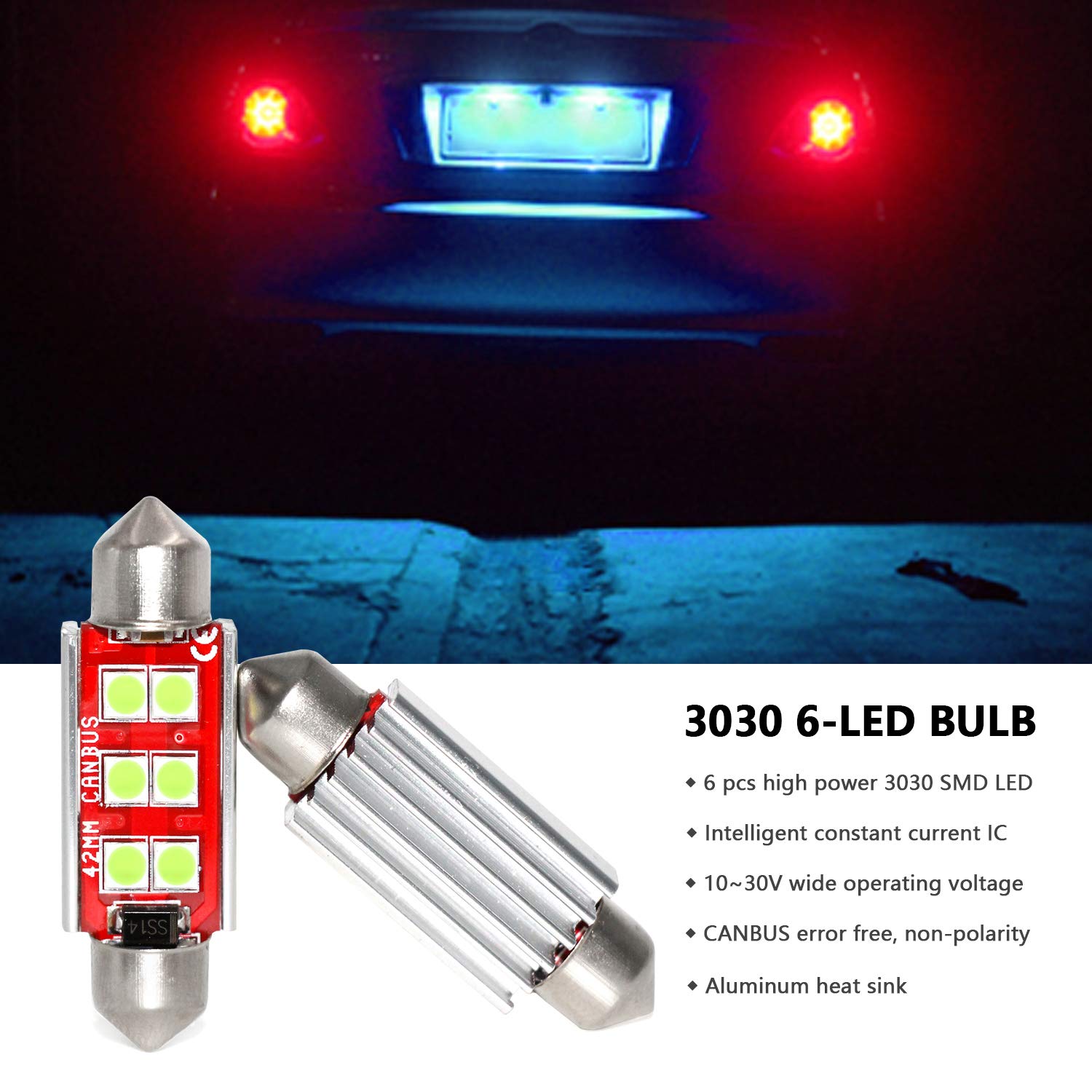 PHINLION 578 LED Ice Blue Bulb 3030 6-SMD Festoon 41mm 42mm for Car Interior Lighting (4 Pack)
