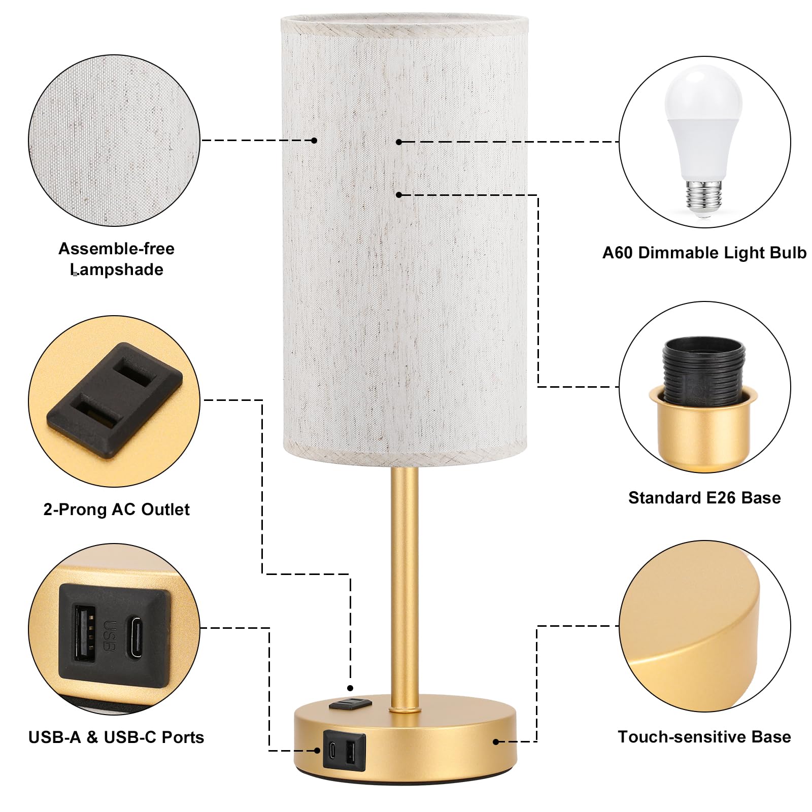 Fenmzee Touch Table Lamp - Cream, 3-Way Dimmable, Usb A + C Charging, Ac Outlet, 17.4Inch Medium, Gold Metal Base