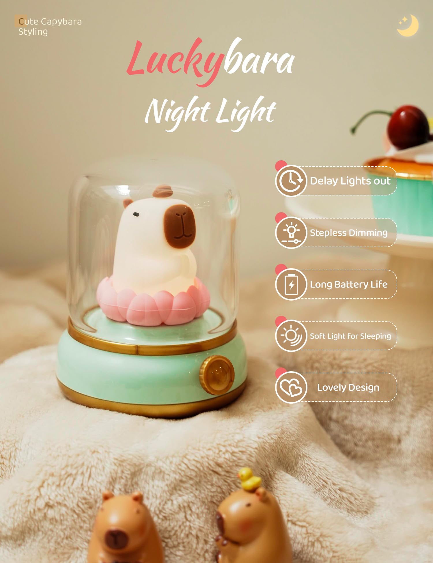 Wanidea Lucky Capybara Night Light,Lotus Lamp, Cute Lamp And Cozy Lighting,Rotate To Adjust Brightness,Rechargeable Night Light