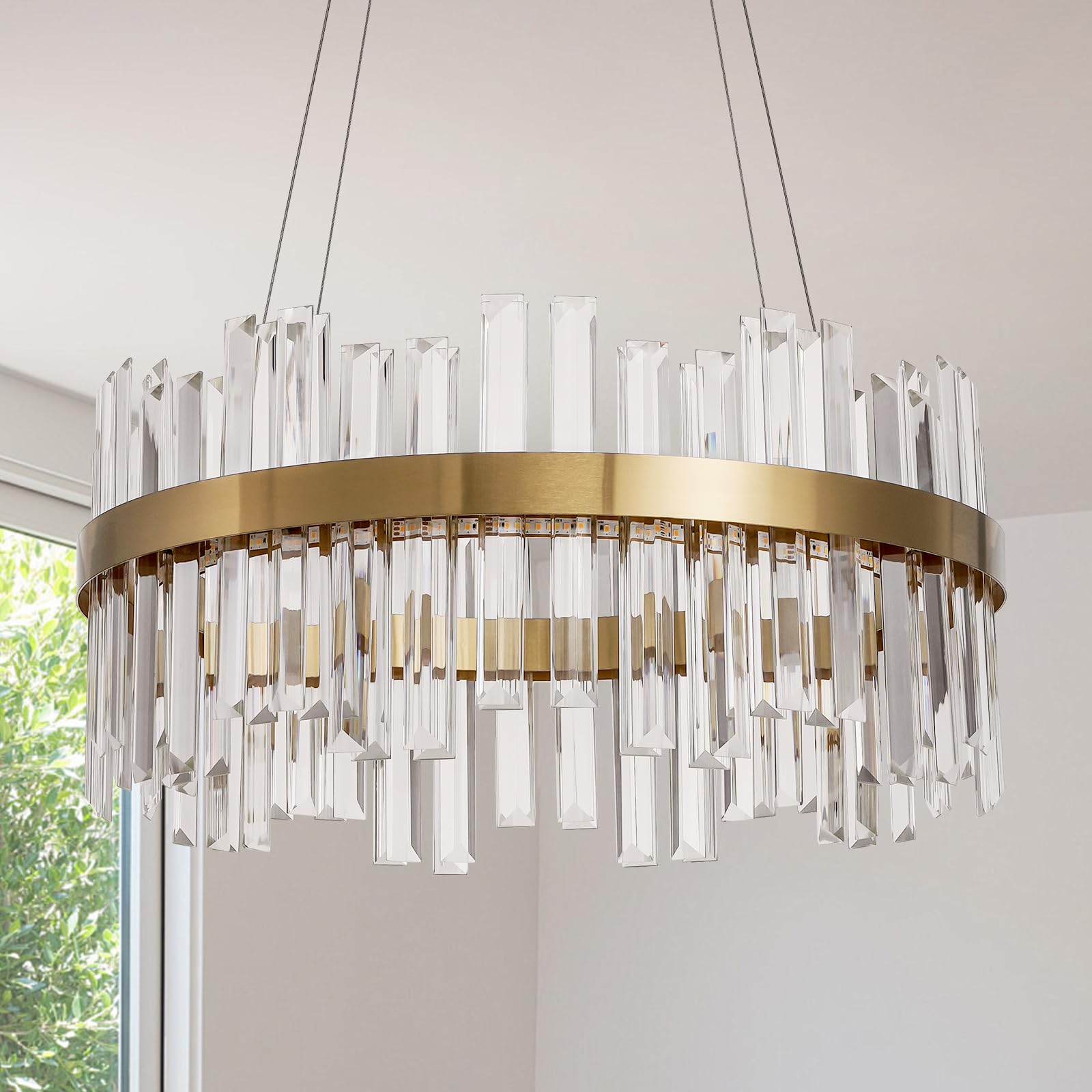 ALIYIQI 19.7'' Dimmable LED Crystal Chandelier Light Fixture, Gold, Remote Control, 3 Color Options for Dining Room, Living Room, Kitchen