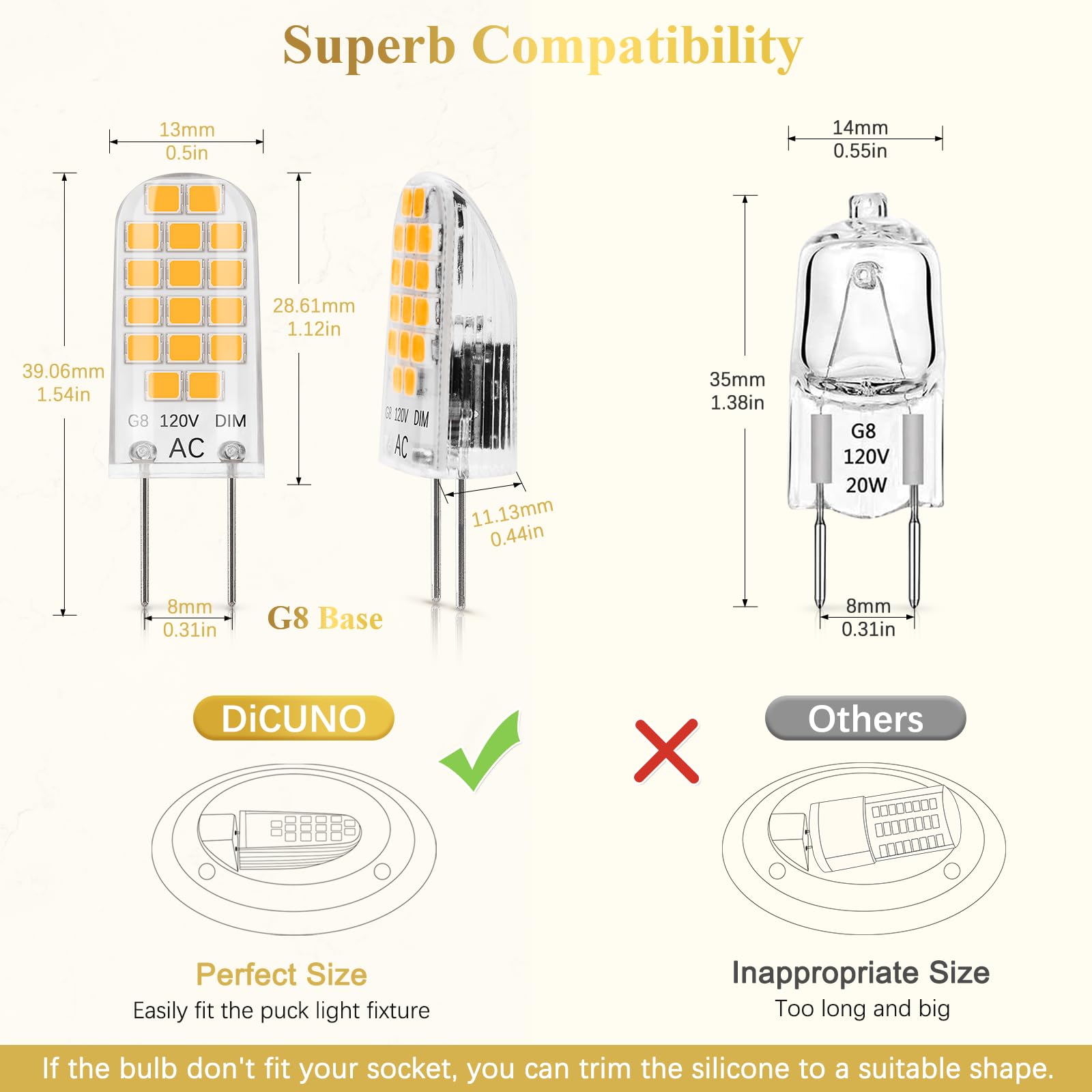 DiCUNO G8 LED Bulb Dimmable, 2W (20W Equivalent), Warm White 2700K, 10-Pack