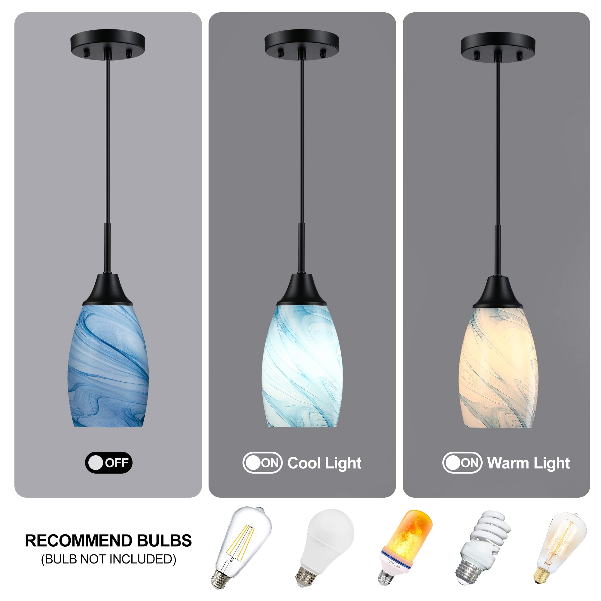 Viinew 3-Pack Mini Blue Marble Glass Pendant Light 4.72'' With Handblown Oval Art Glass Lamp Ceiling Hanging Light,For Dining Ro