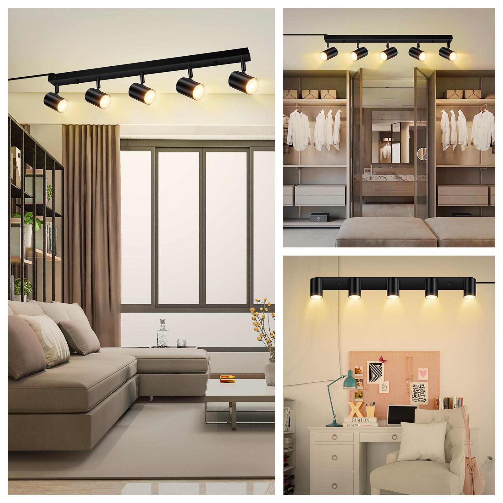 Auquee 5 Light Track Lighting Kit,Black 5 Way Modern Plug In Ceiling Spotlight,Industrial Led Wall Light For Kitchen Cabinet Gal