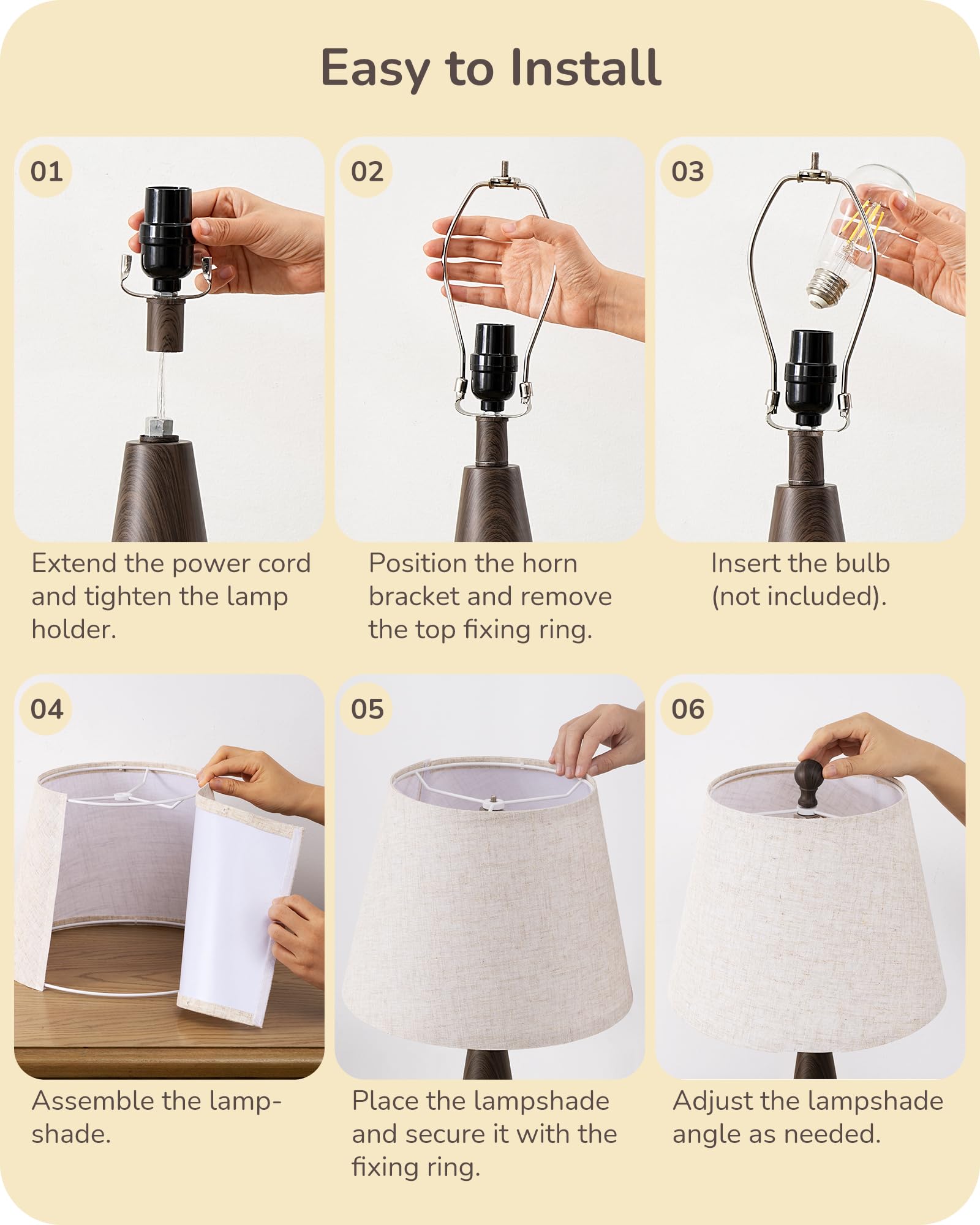 EDISHINE 21.85 Farmhouse Table Lamp, Rustic Bedside Lamp, Water Transfer Walnut Wood Grain Metal Base, Beige Linen Shade, Minima