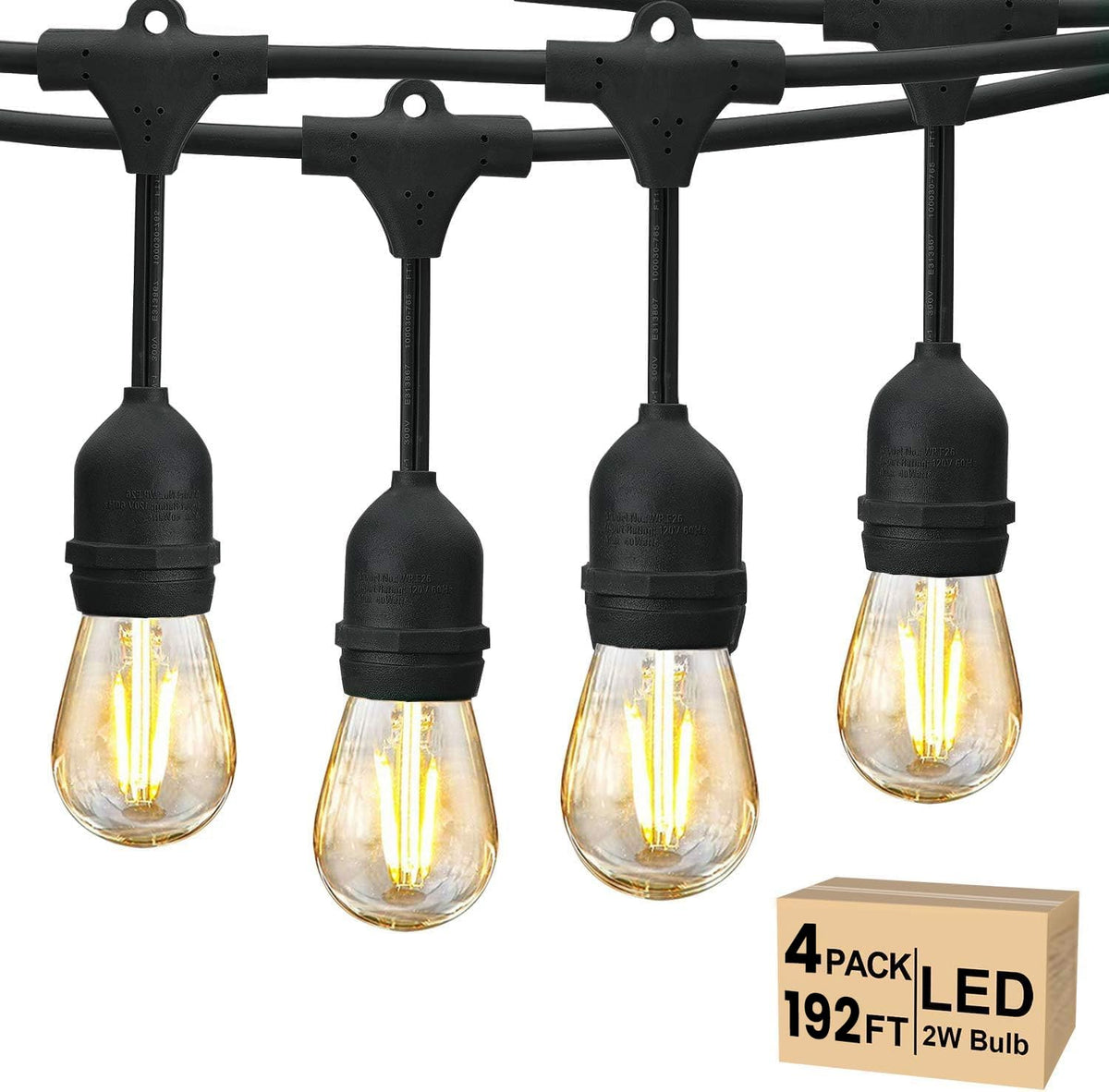 Svater 192 Ft Outdoor String Lights 2W, Patio Light For Outside With 64 Antique S14 Plastic Led Bulbs, Ip65 Waterproof Hanging C